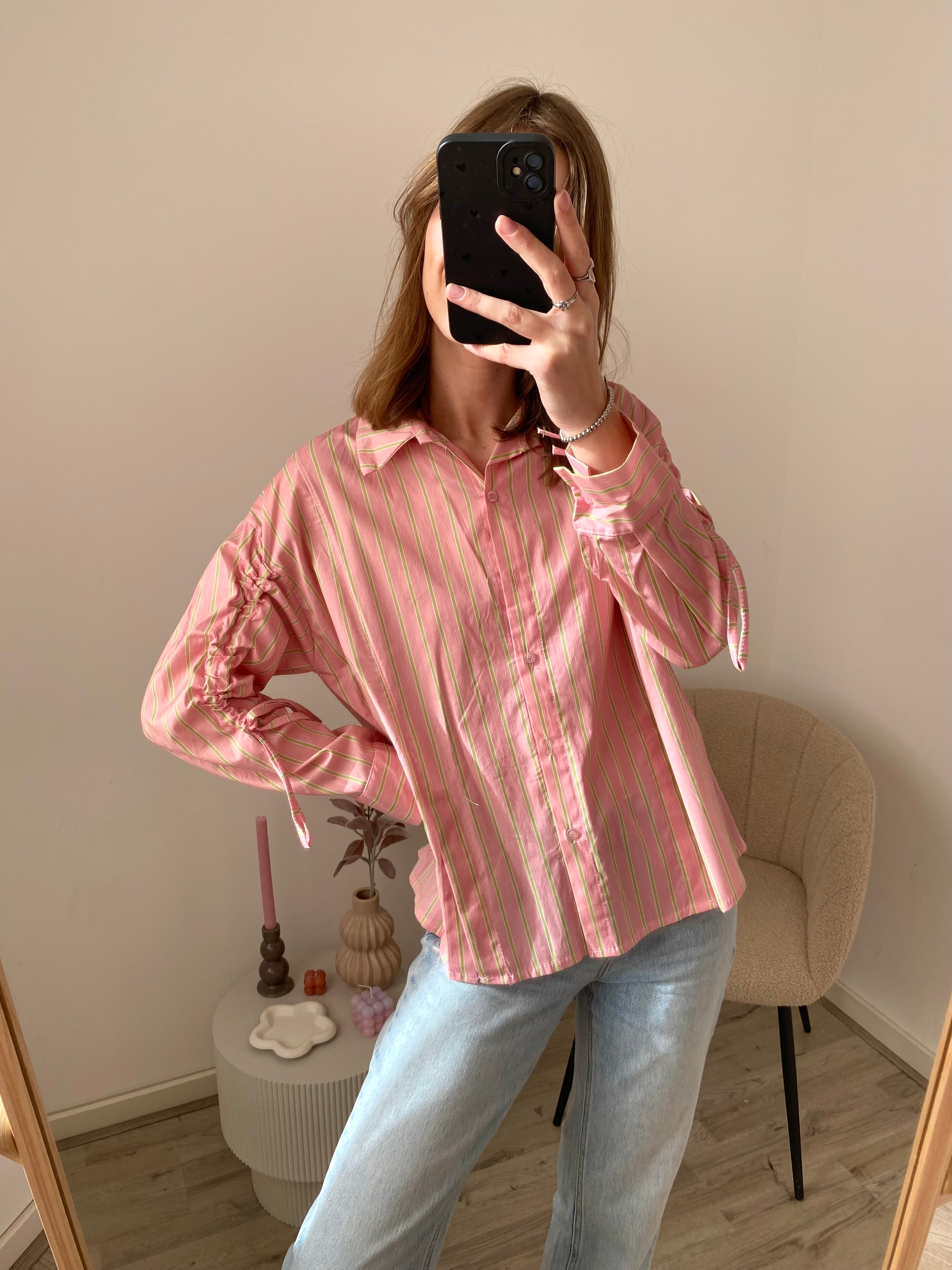 Blouse met strepen en elastiek bij de mouwen in het roze met groen