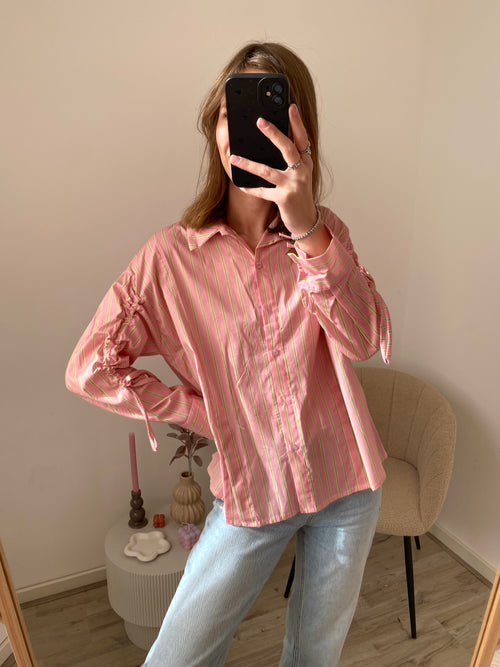 Blouse met strepen en elastiek bij de mouw in het roze en groen 
