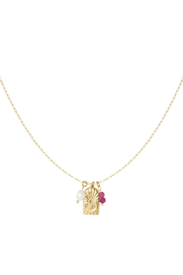 Ketting met hanger van parel en roze kralen goud