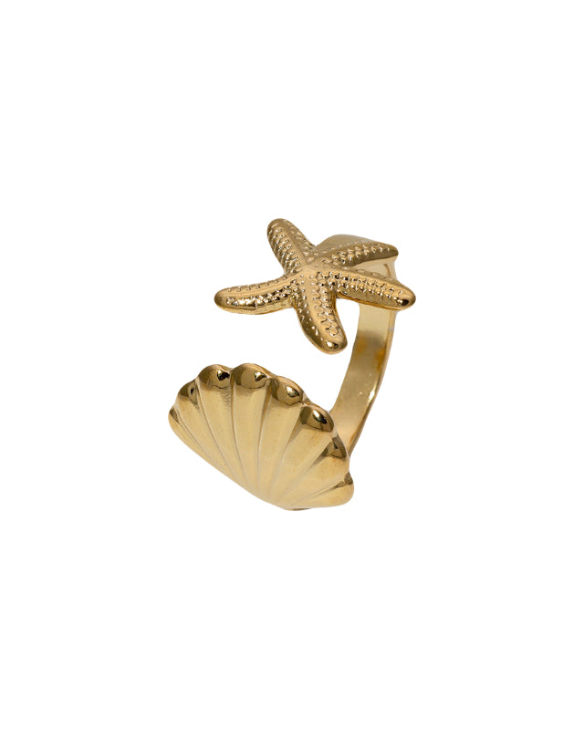 Verstelbare gouden ring met zeester en schelp