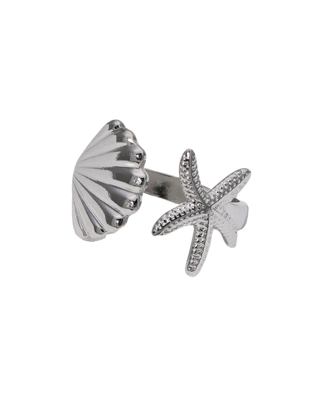 Verstelbare zilveren ring met zeester en schelp