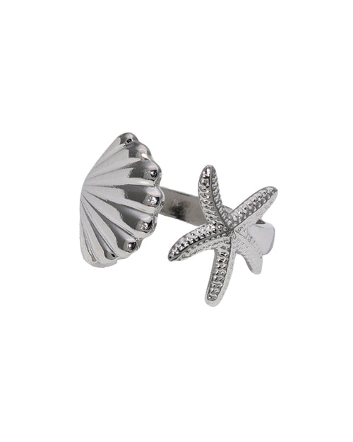 Verstelbare zilveren ring met zeester en schelp