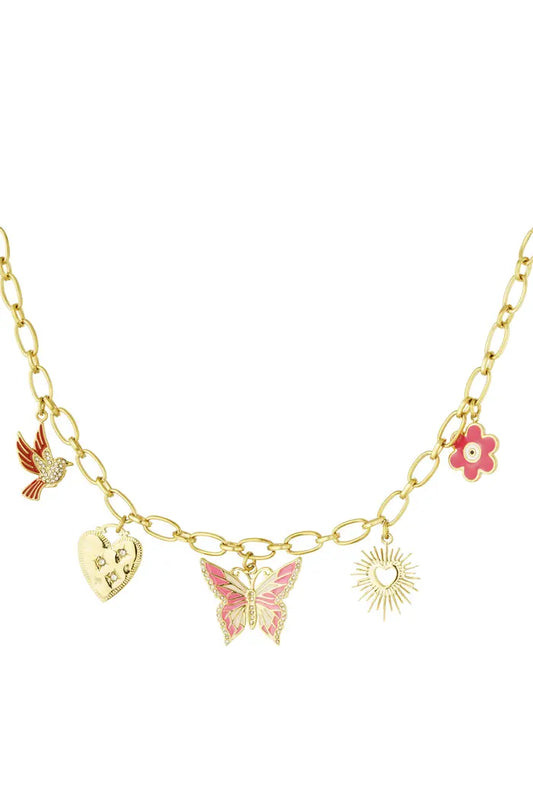 Statement bedelketting vlinder, hart, vogel en bloem bedels goudkleurig