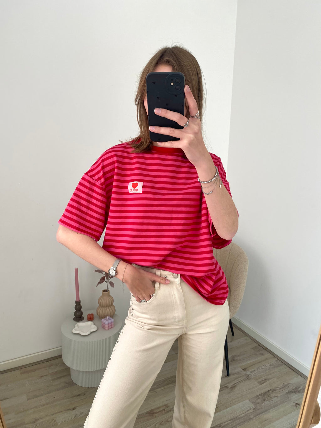 Shirt met korte mouw en strepen in het roze met rood en amour label