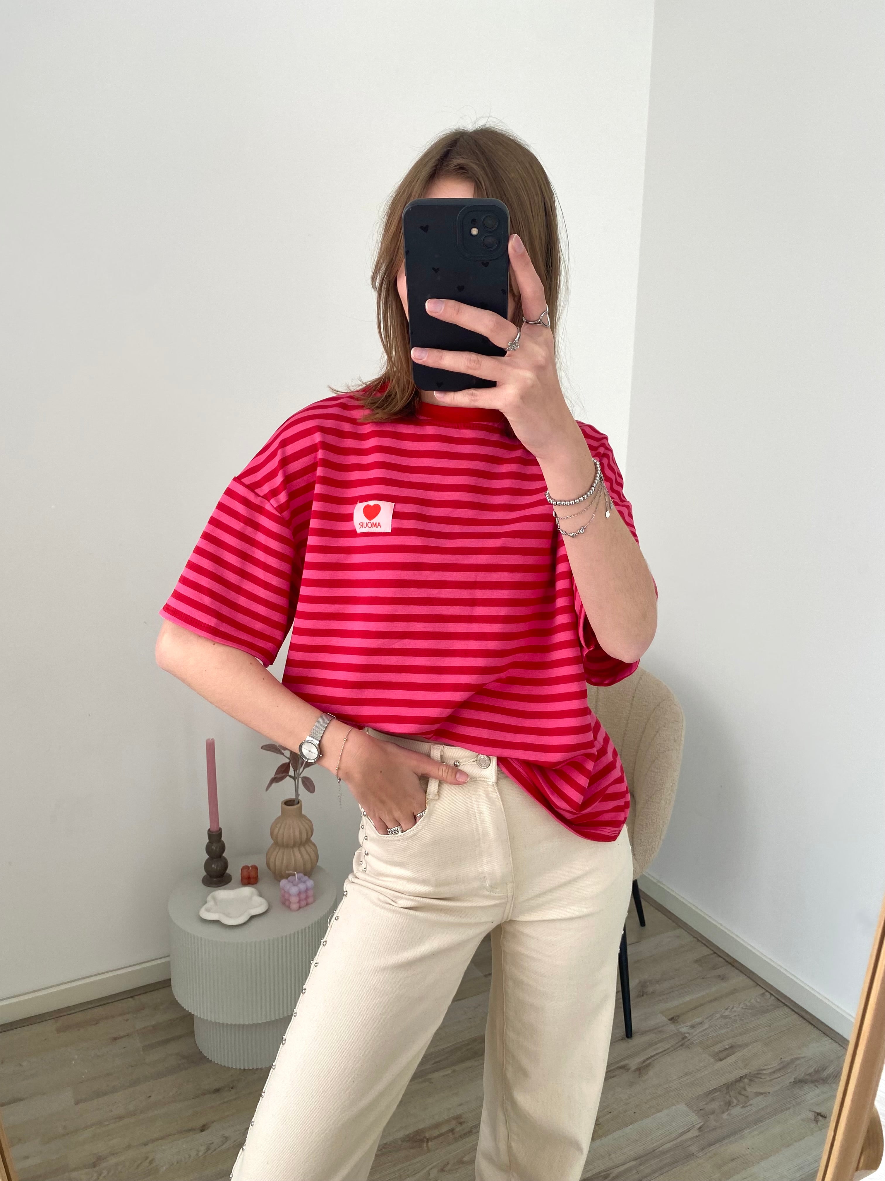 Shirt met korte mouw en strepen in het roze met rood en amour label