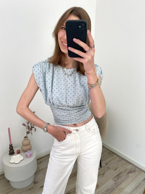 Blouse top met getailleerd effect, korte mouw en pof met stippen in het blauw