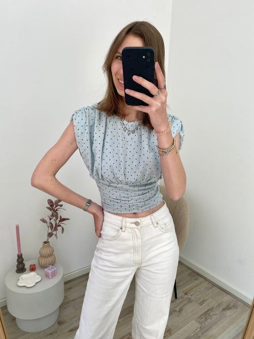 Blouse top met getailleerd effect, korte mouw en pof met stippen in het blauw