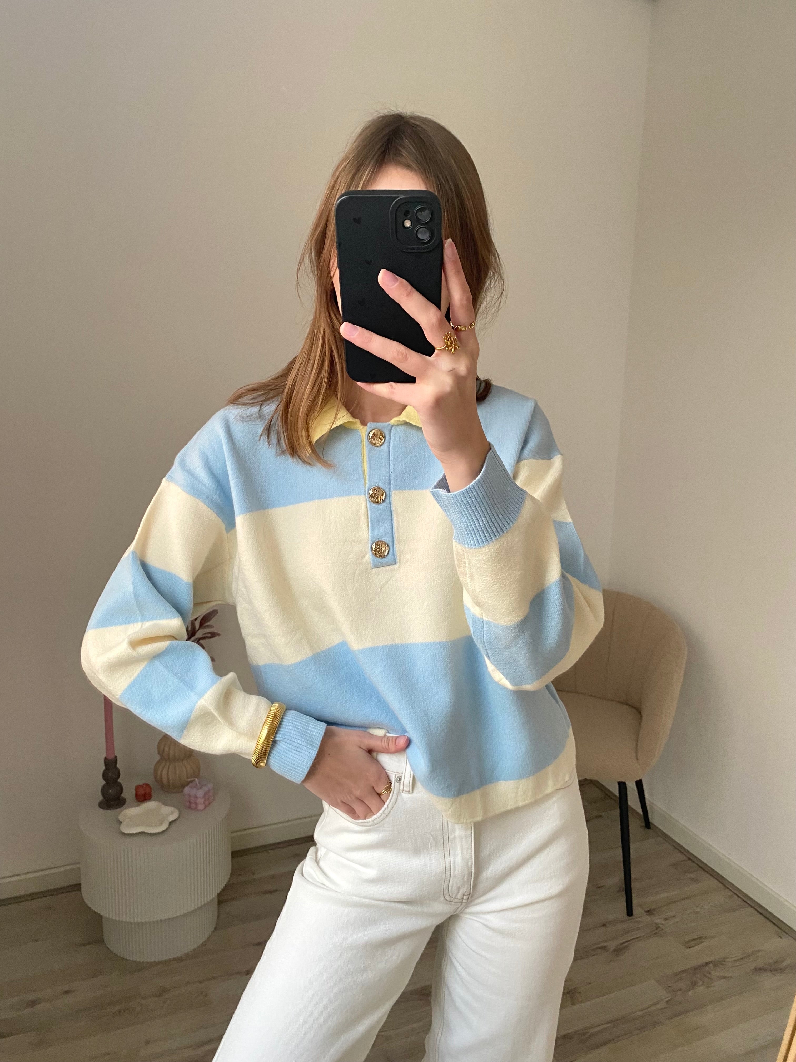Polo sweater met strepen in blauw met geel