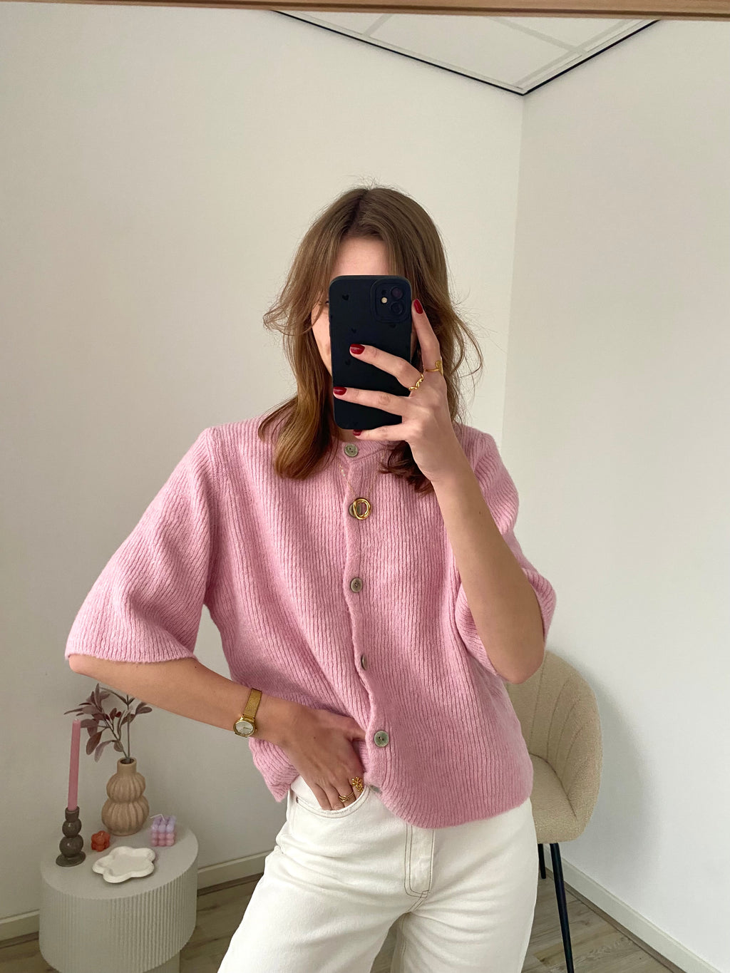 Cardigan vestje met korte mouw en knopen in het roze