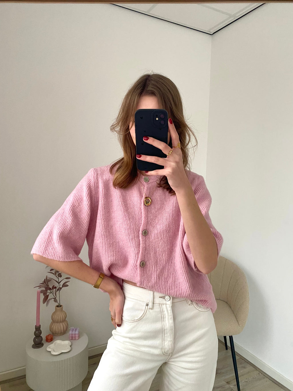 Cardigan vestje met korte mouw en knopen in het roze