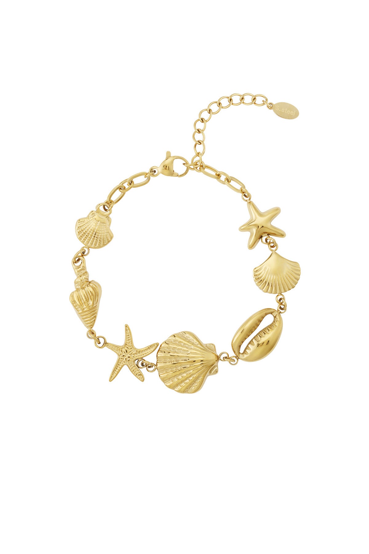 Armband met schelpen en zeester en fijne schakels in het goud