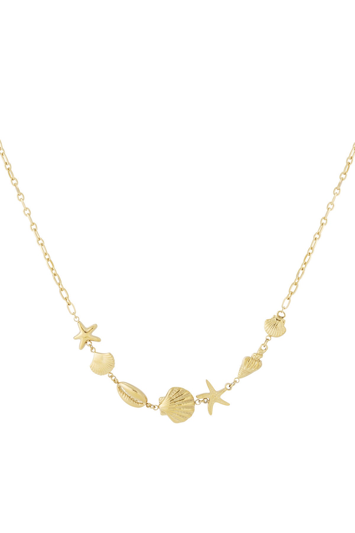 Ketting met schakels, schelpen en zeester bedels in het goud