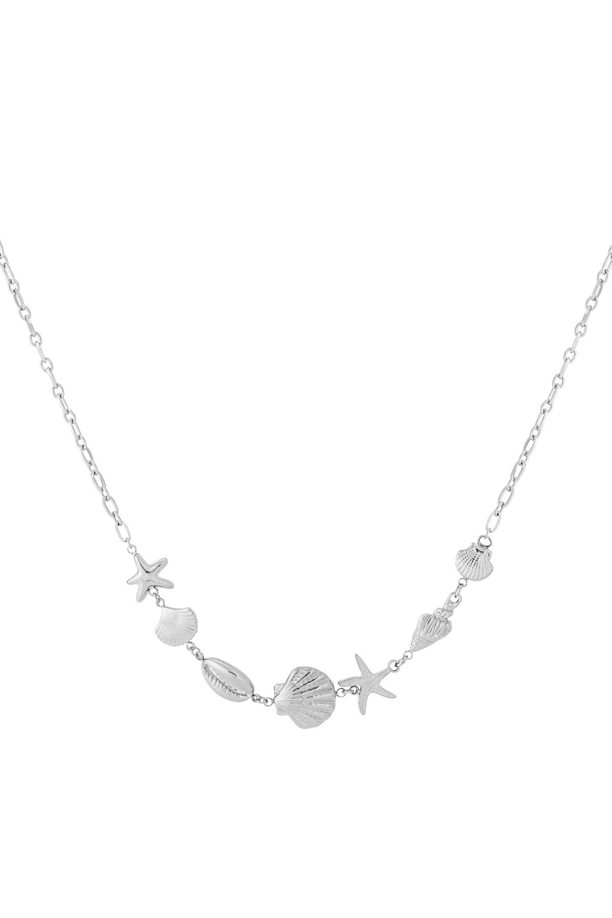 Ketting met schakels, schelpen en zeester bedels in het zilver
