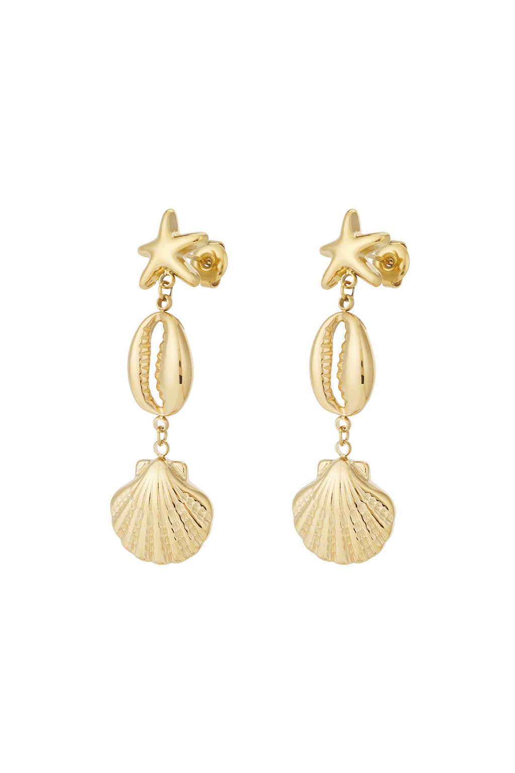 Stud oorbellen met schelpen en zeester hangers in het goud