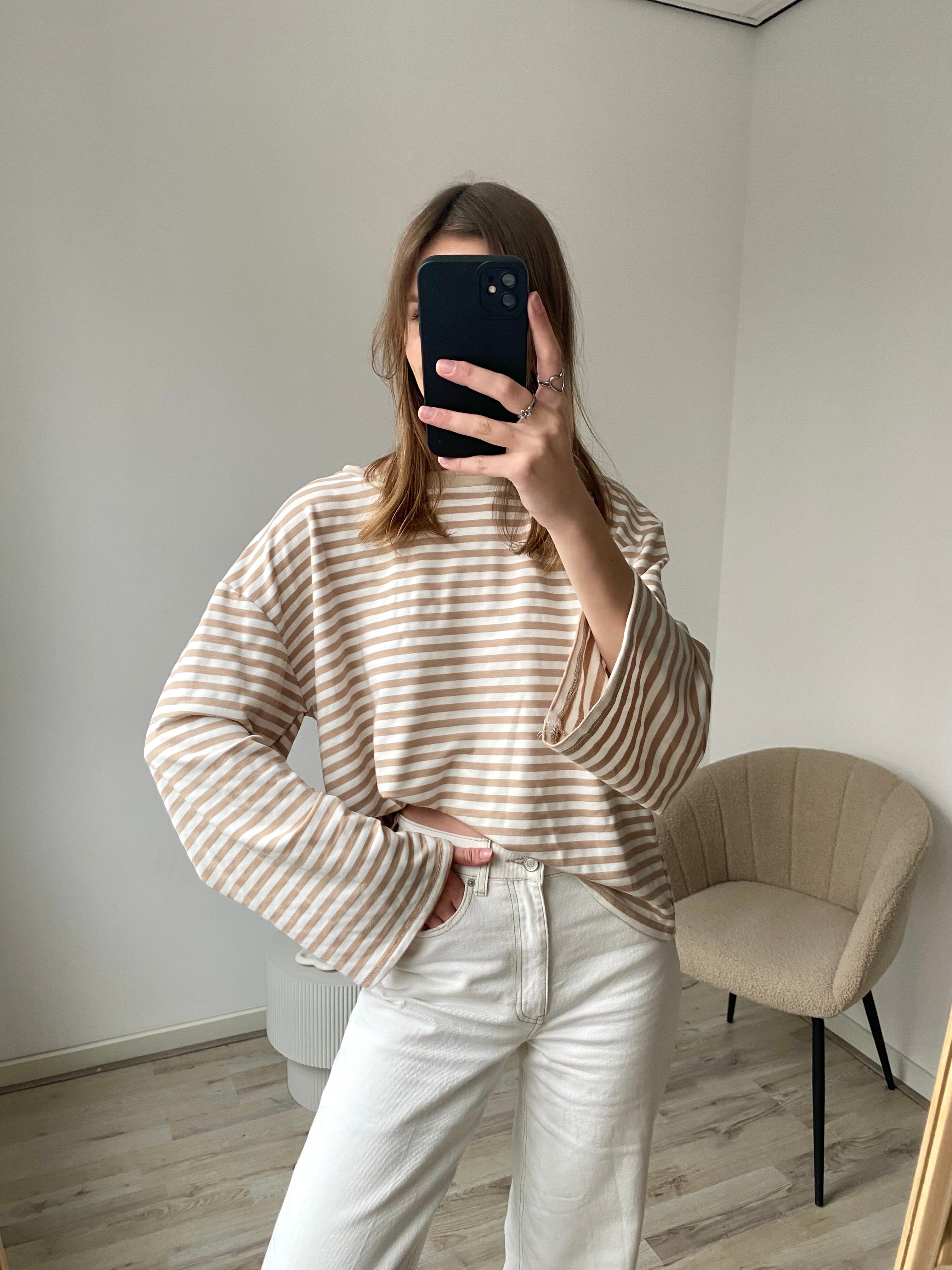 Shirt met lange mouw in beige met witte strepen