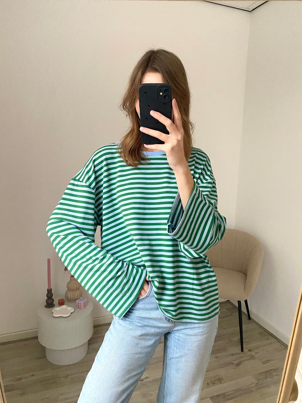 Shirt met lange mouw in blauw met groen strepen