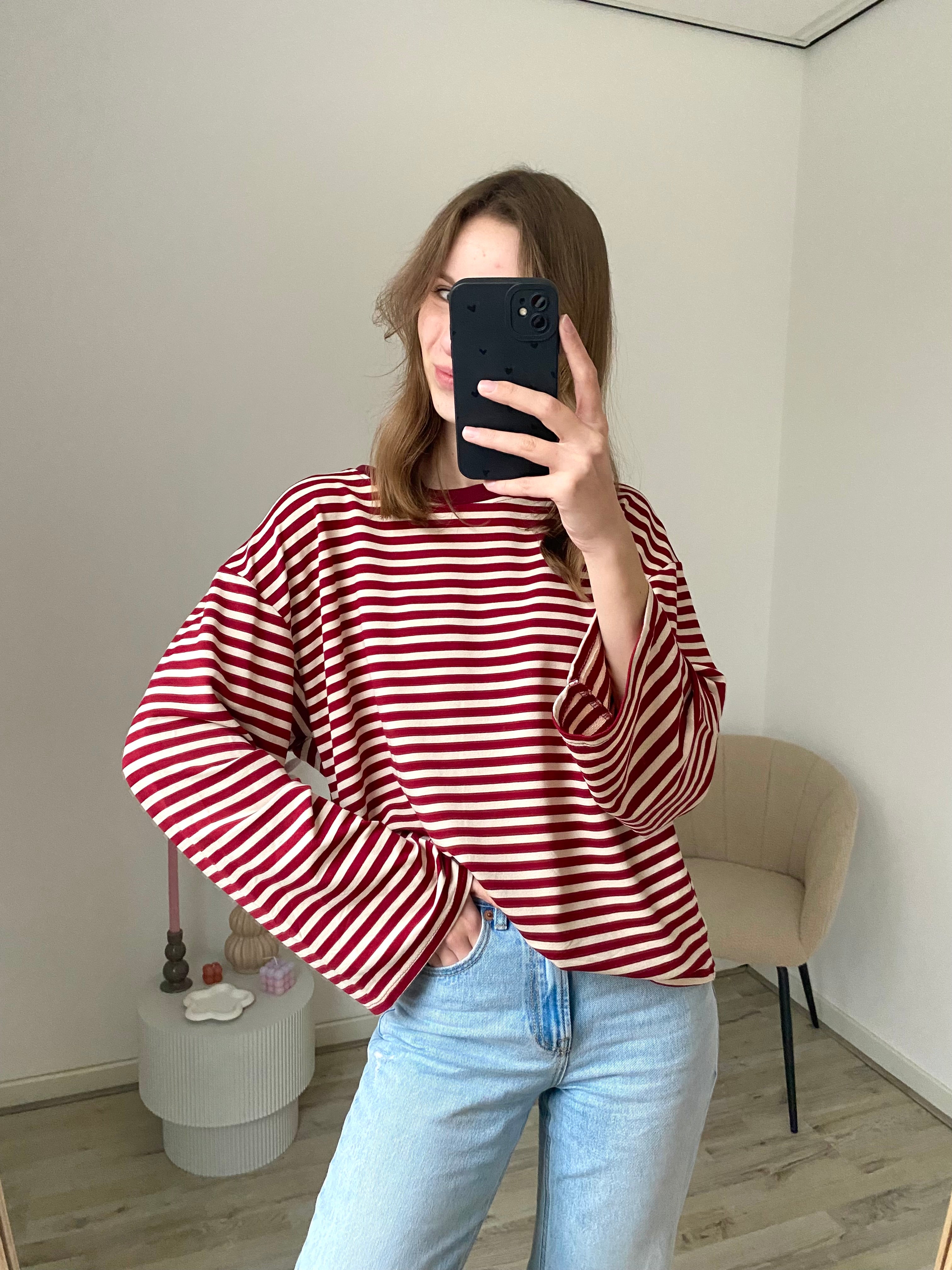 Shirt met lange mouw in bordeaux met beige strepen