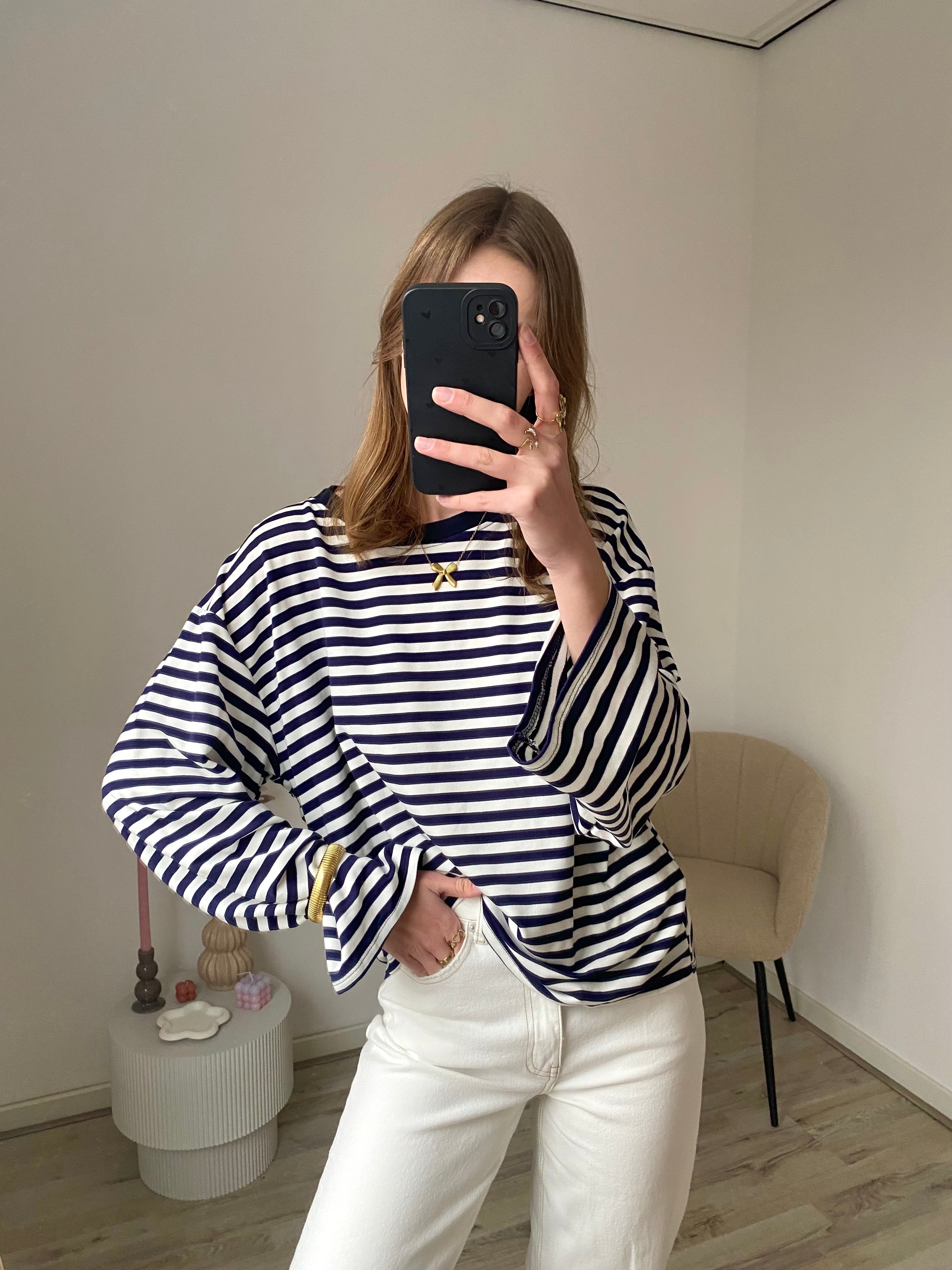 Shirt met lange mouw in navy met witte strepen