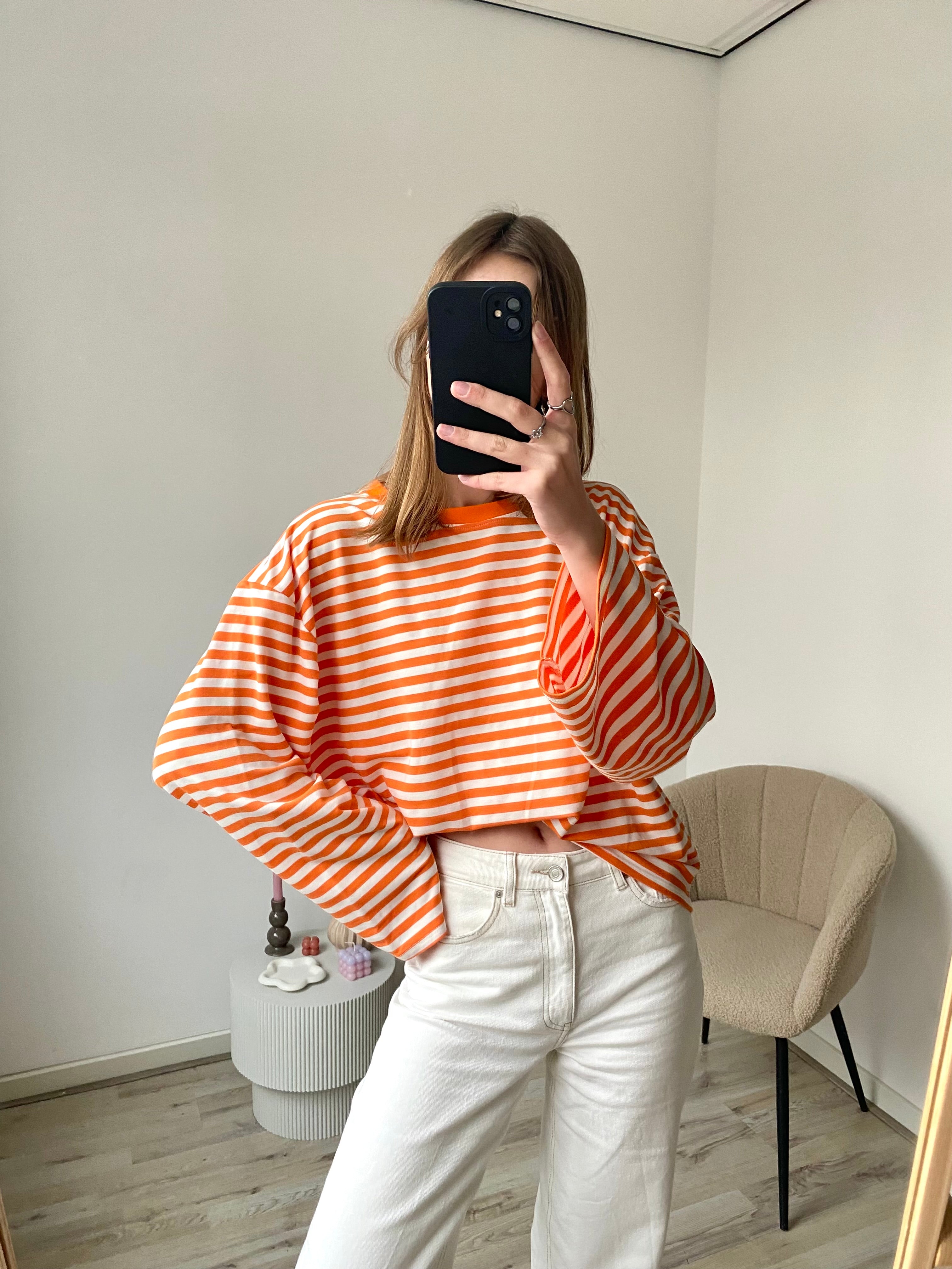 Shirt met lange mouw in oranje met witte strepen