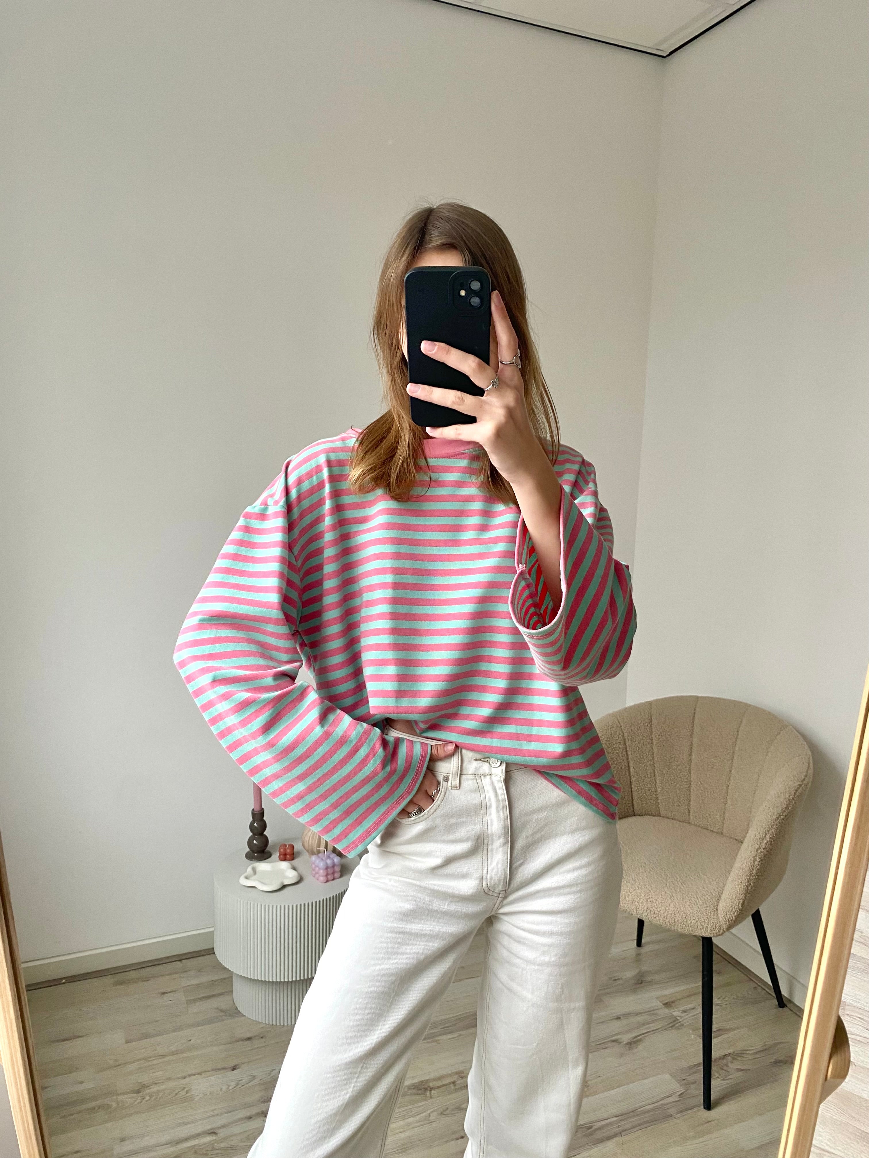 Shirt met lange mouw in roze met mint strepen
