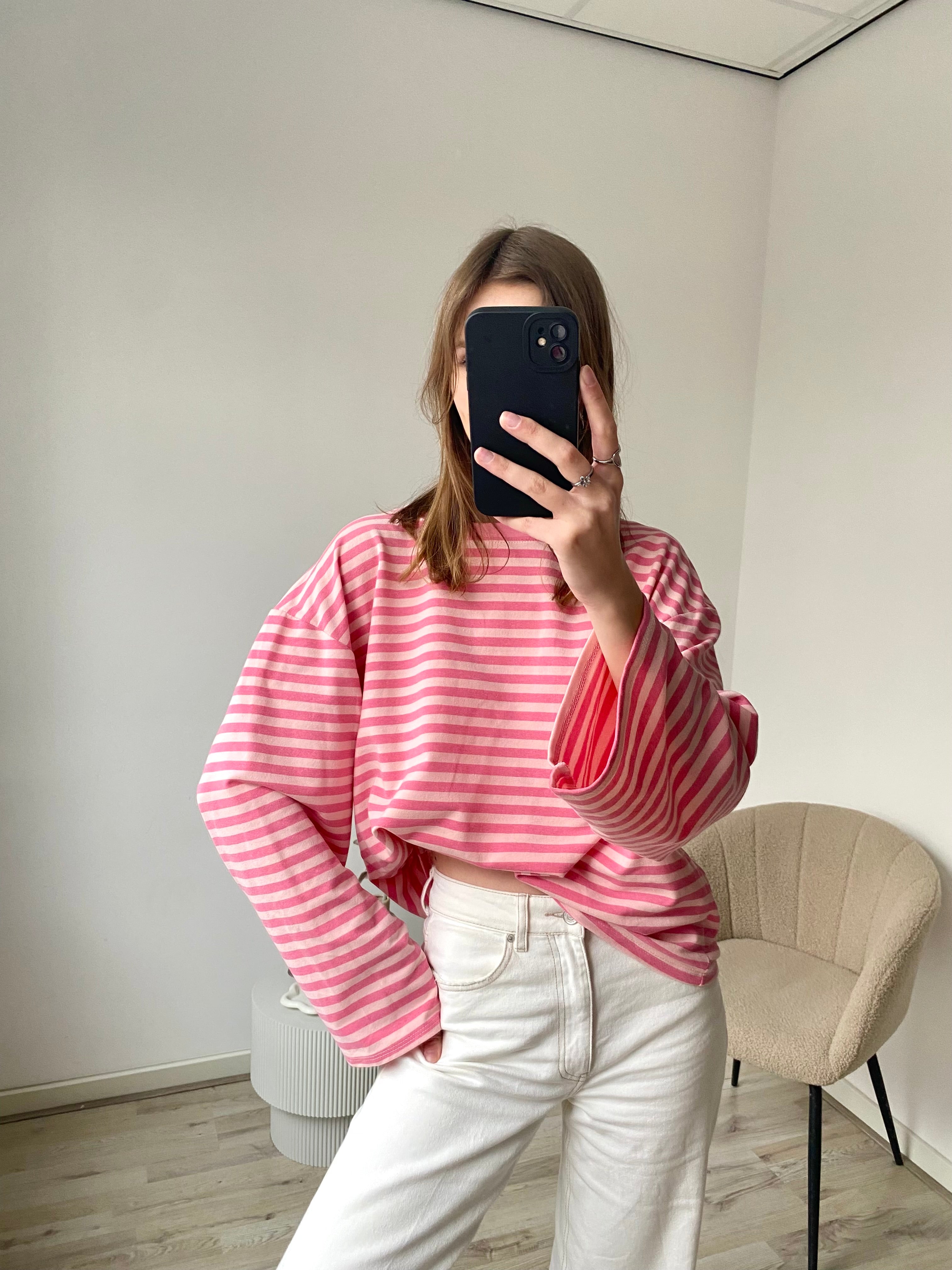 Shirt met lange mouw in roze met donkerroze strepen