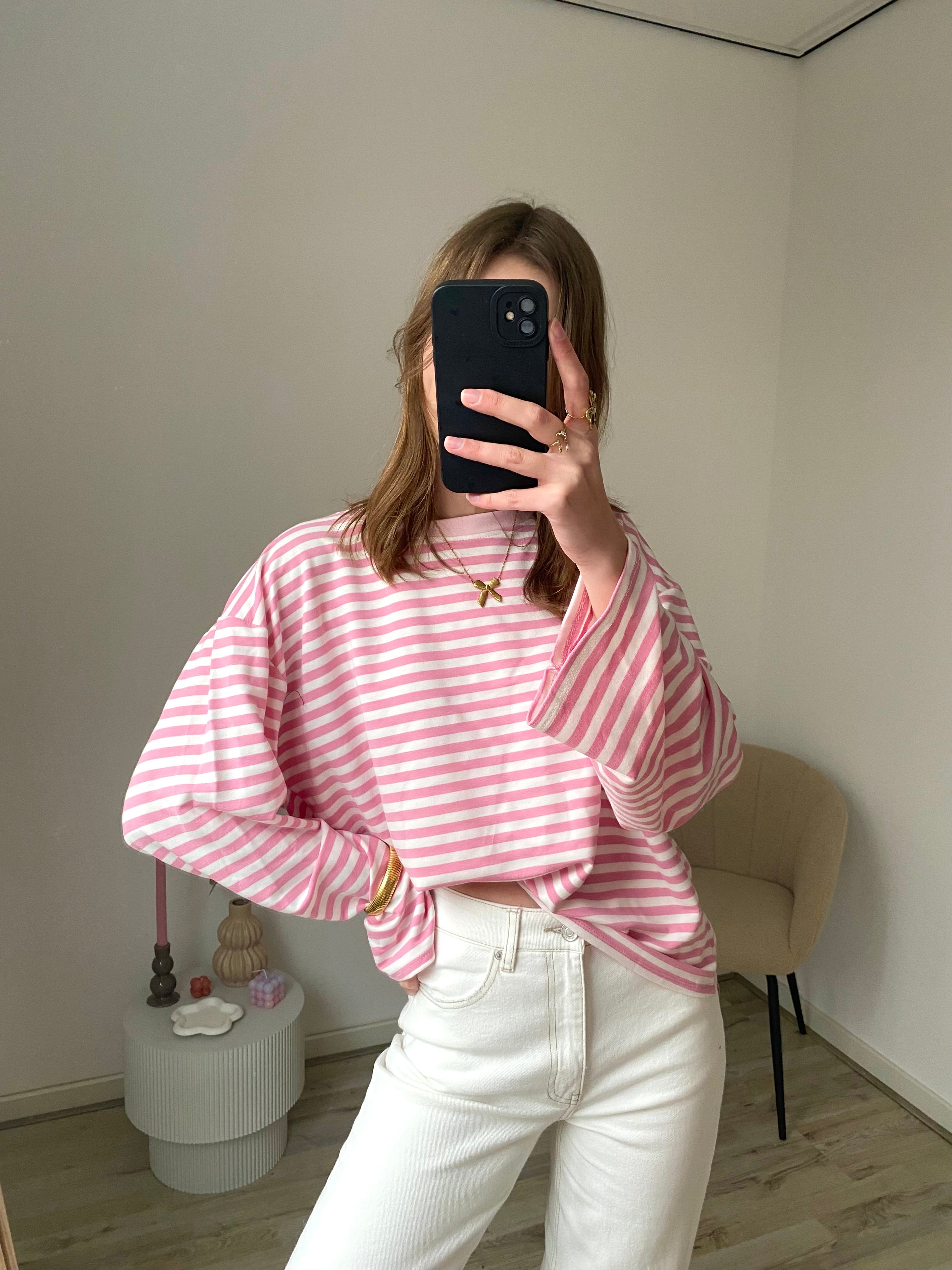 Shirt met lange mouw in roze met witte strepen