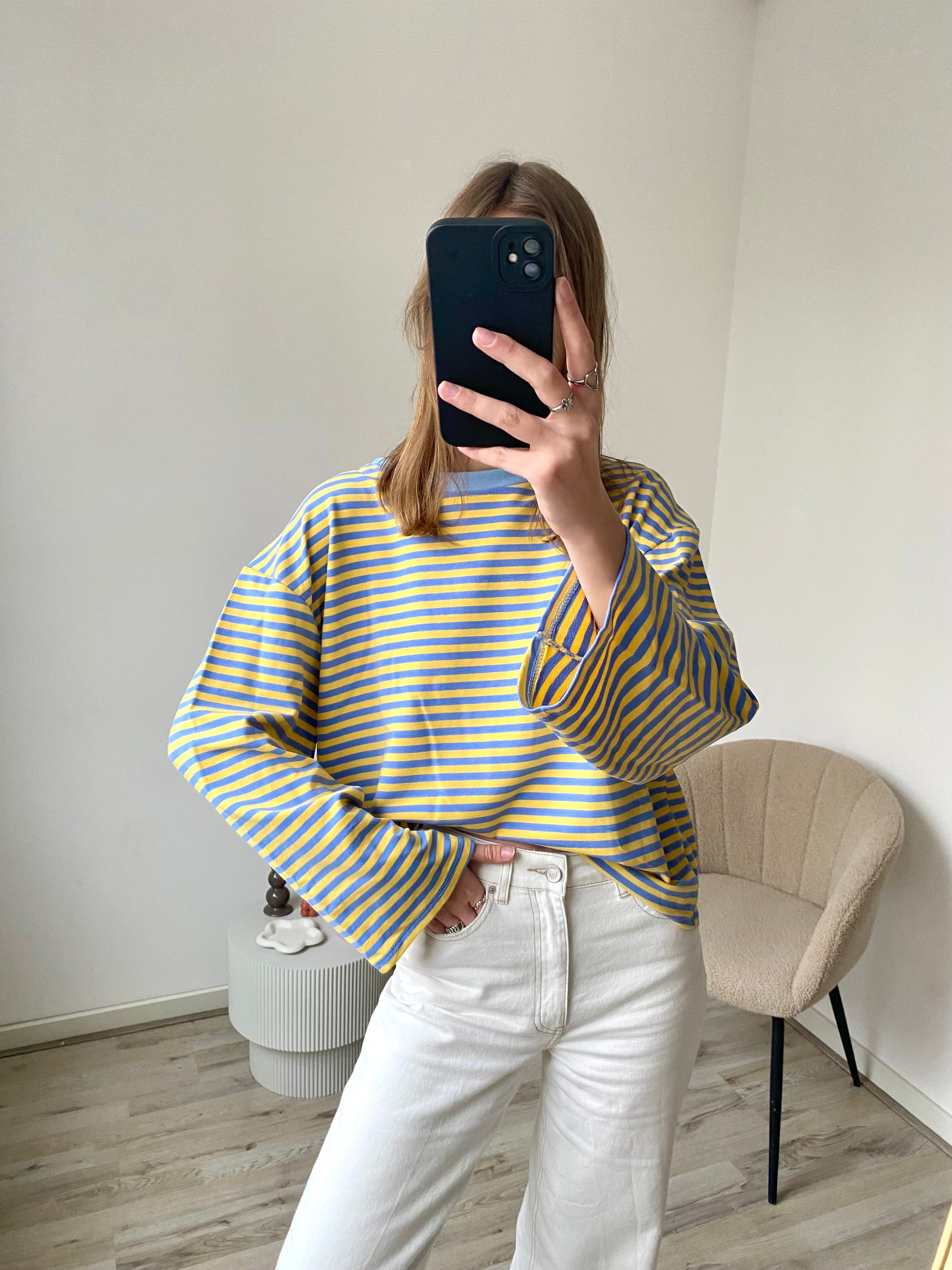 Shirt met lange mouw in geel met blauwe strepen