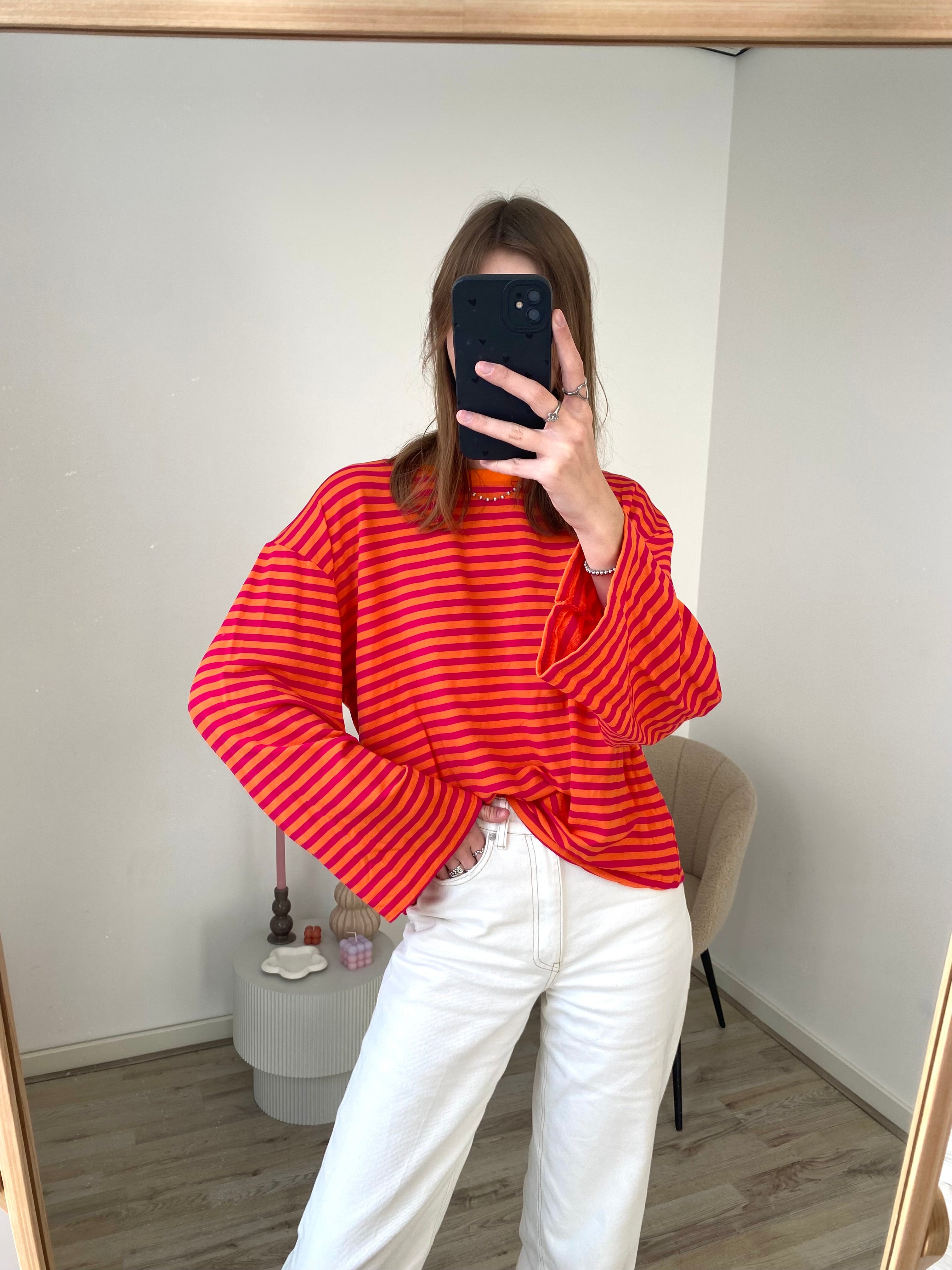 Longsleeve met strepen in oranje met fuchsia