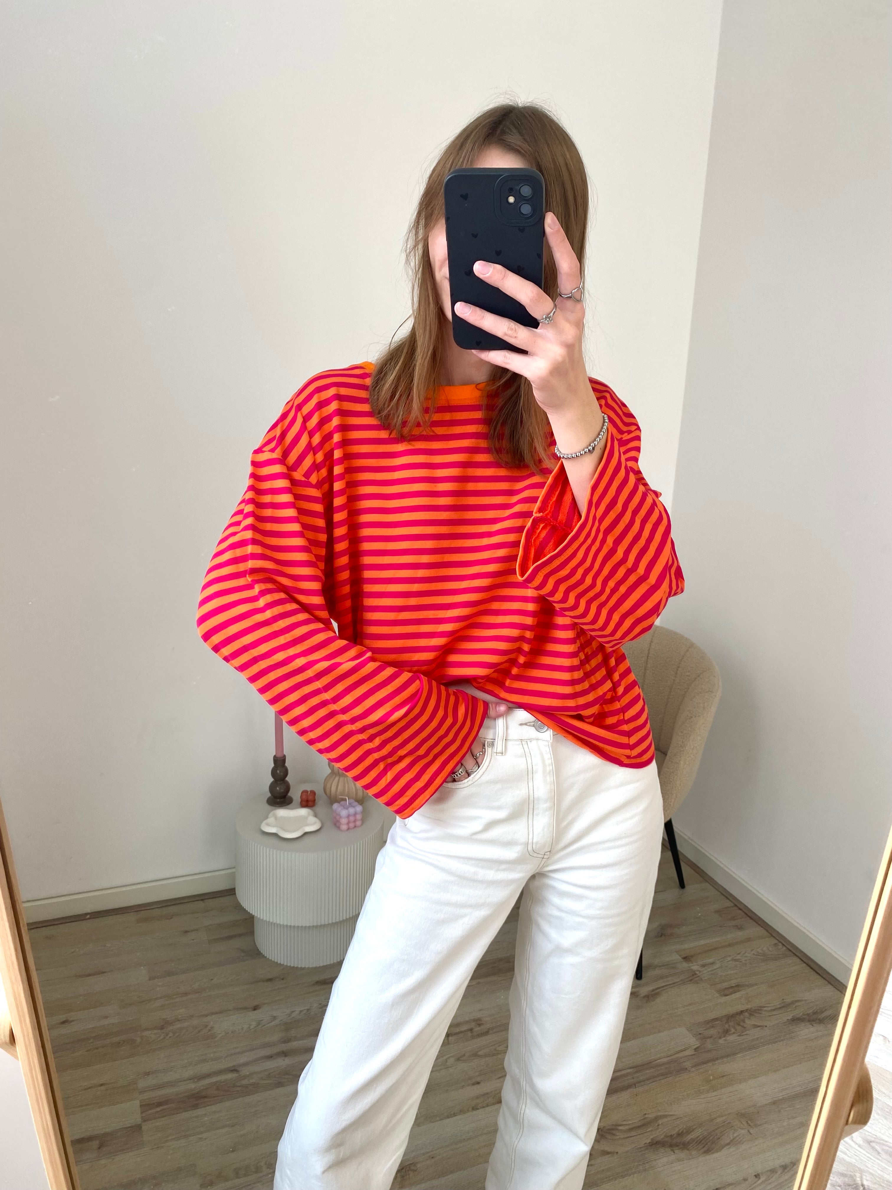 Longsleeve met strepen in oranje met fuchsia