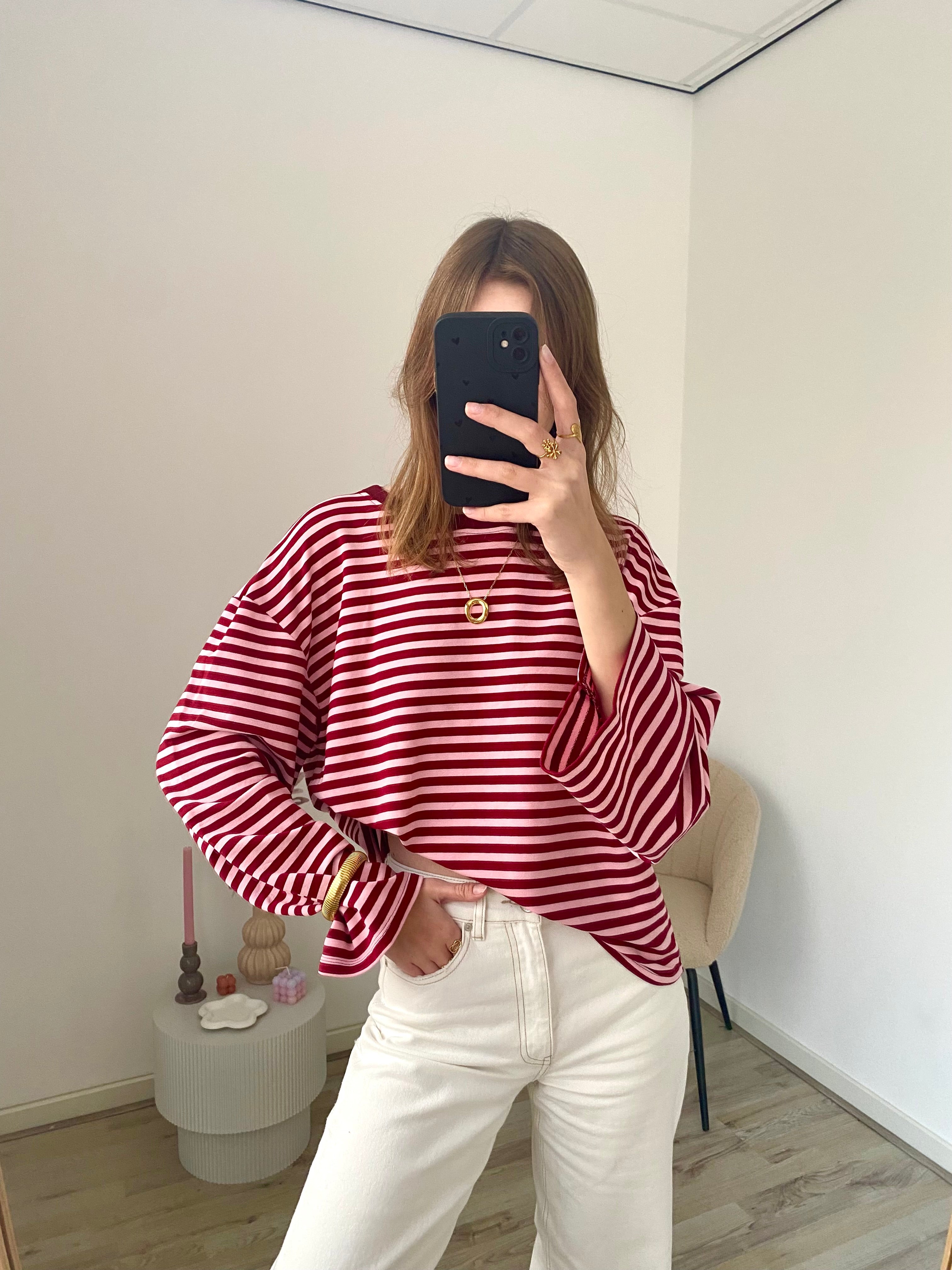 Oversized longsleeve met strepen in roze met bordeaux