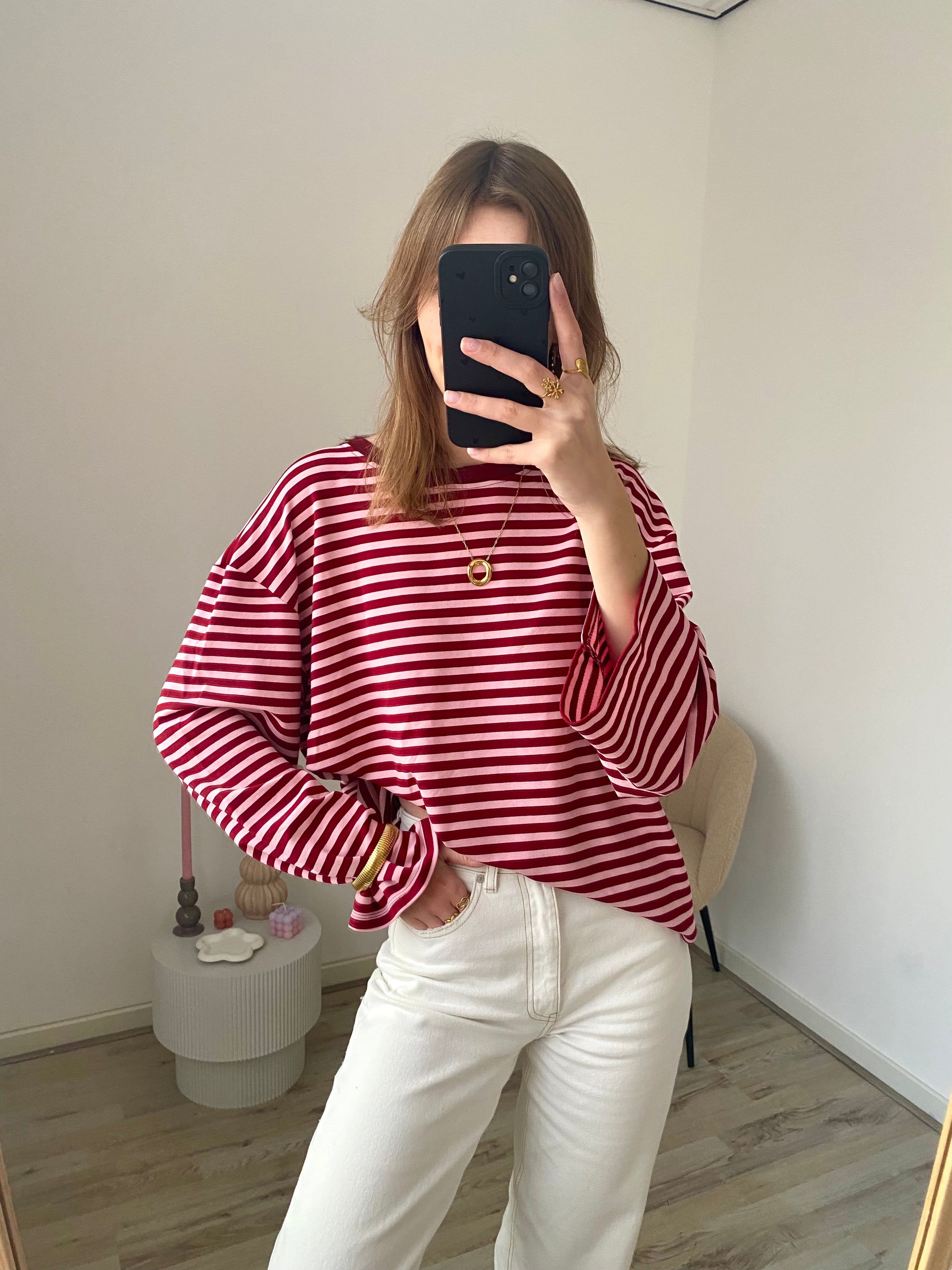Oversized longsleeve met strepen in roze met bordeaux