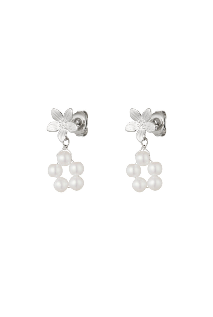 Zilveren oorbellen studs bloemen en parels stainless steel