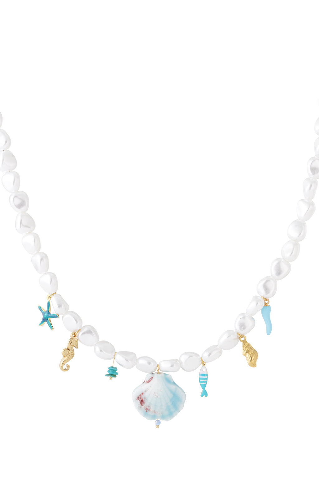 Statement grote parel ketting met blauwe bedels in het goud