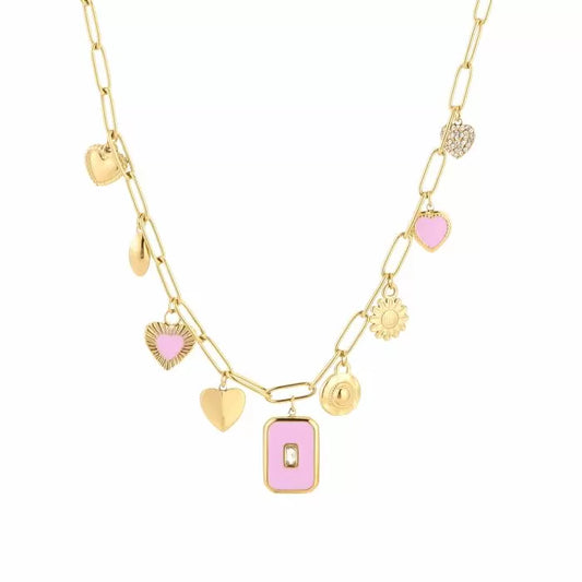 Ketting met verschillende roze bedels goudkleurig