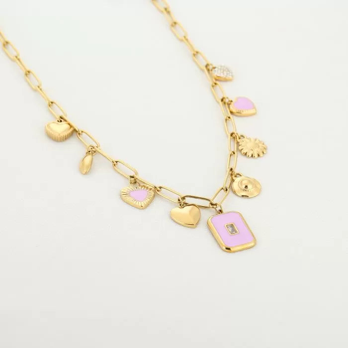 Statement bedelketting goudkleurig met roze details