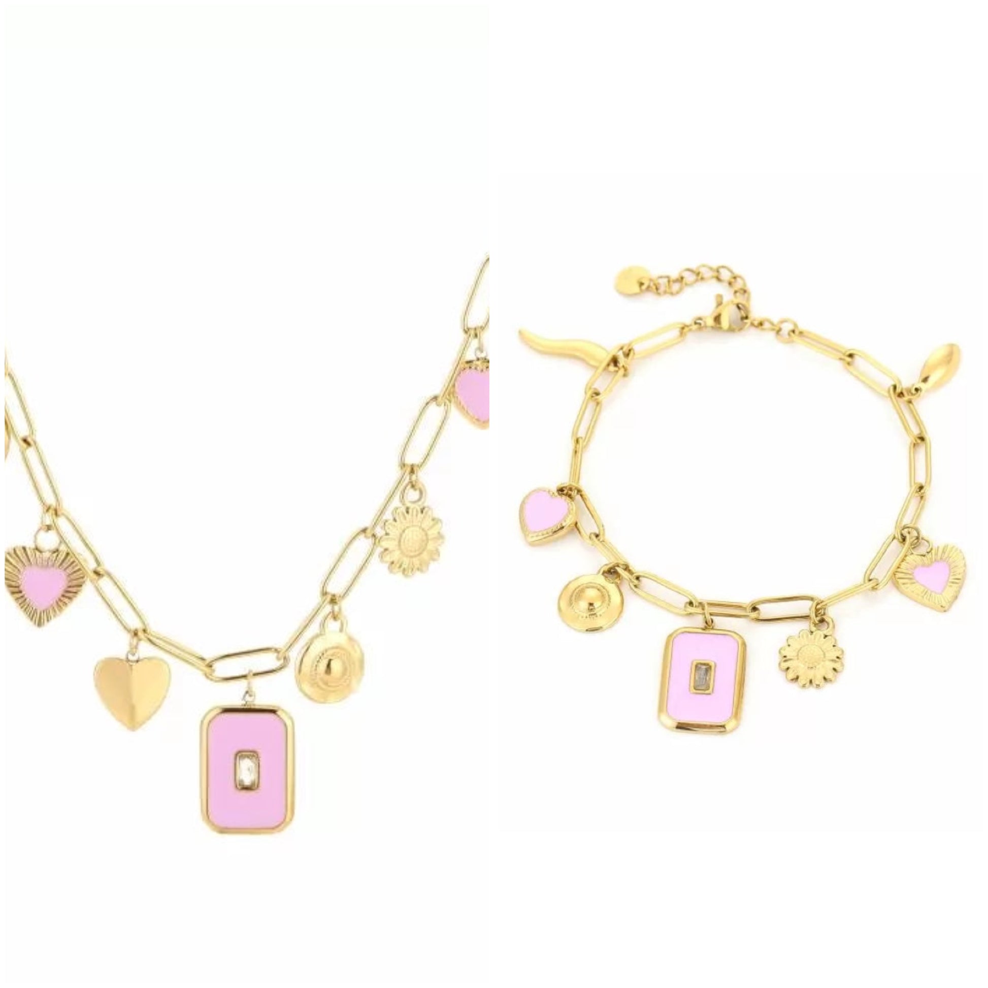 SIeradenset bedelketting en bedelarmband roze en goud