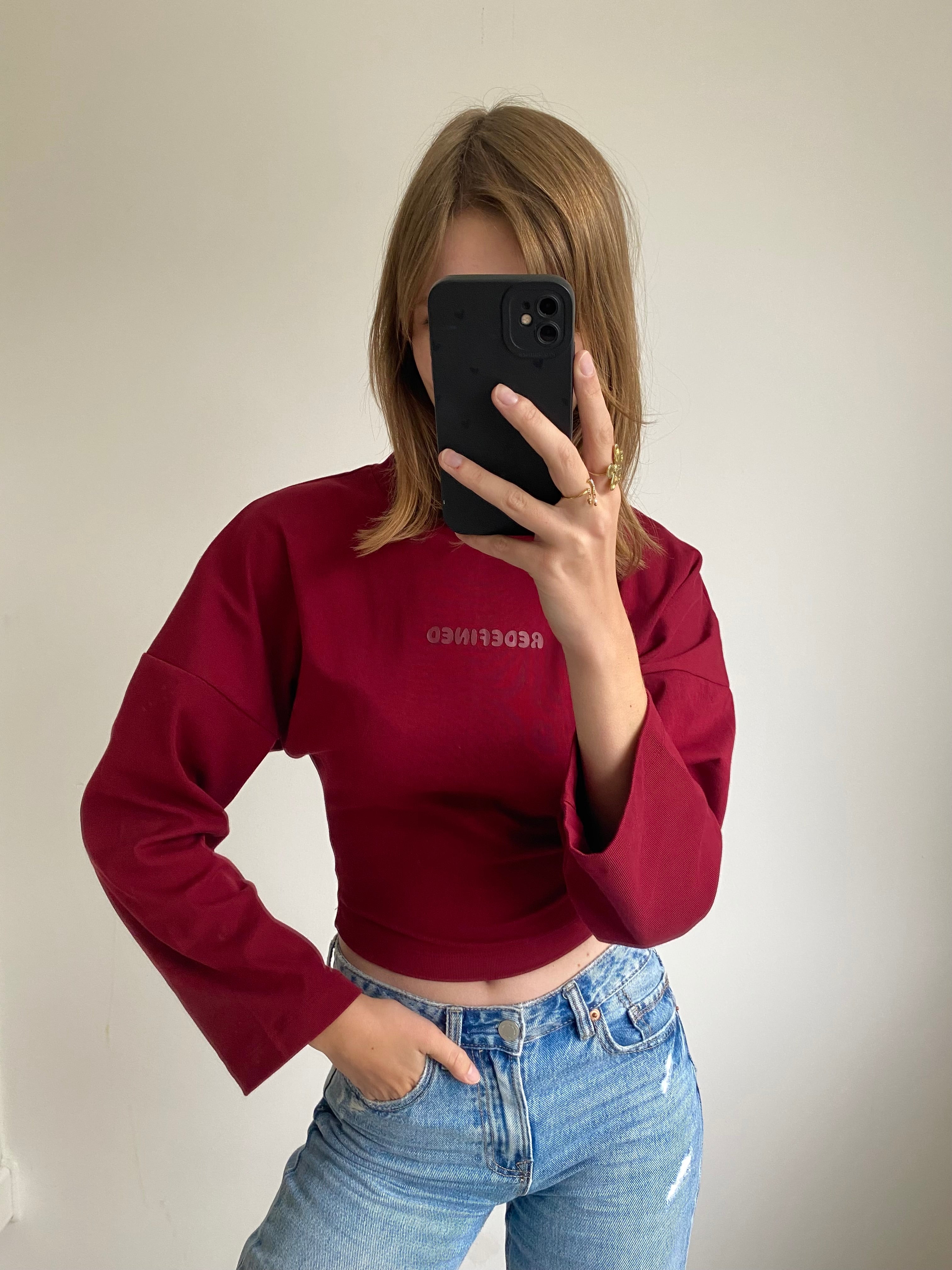 Redefined snatched longsleeve met strakke taille in bordeaux rode kleur