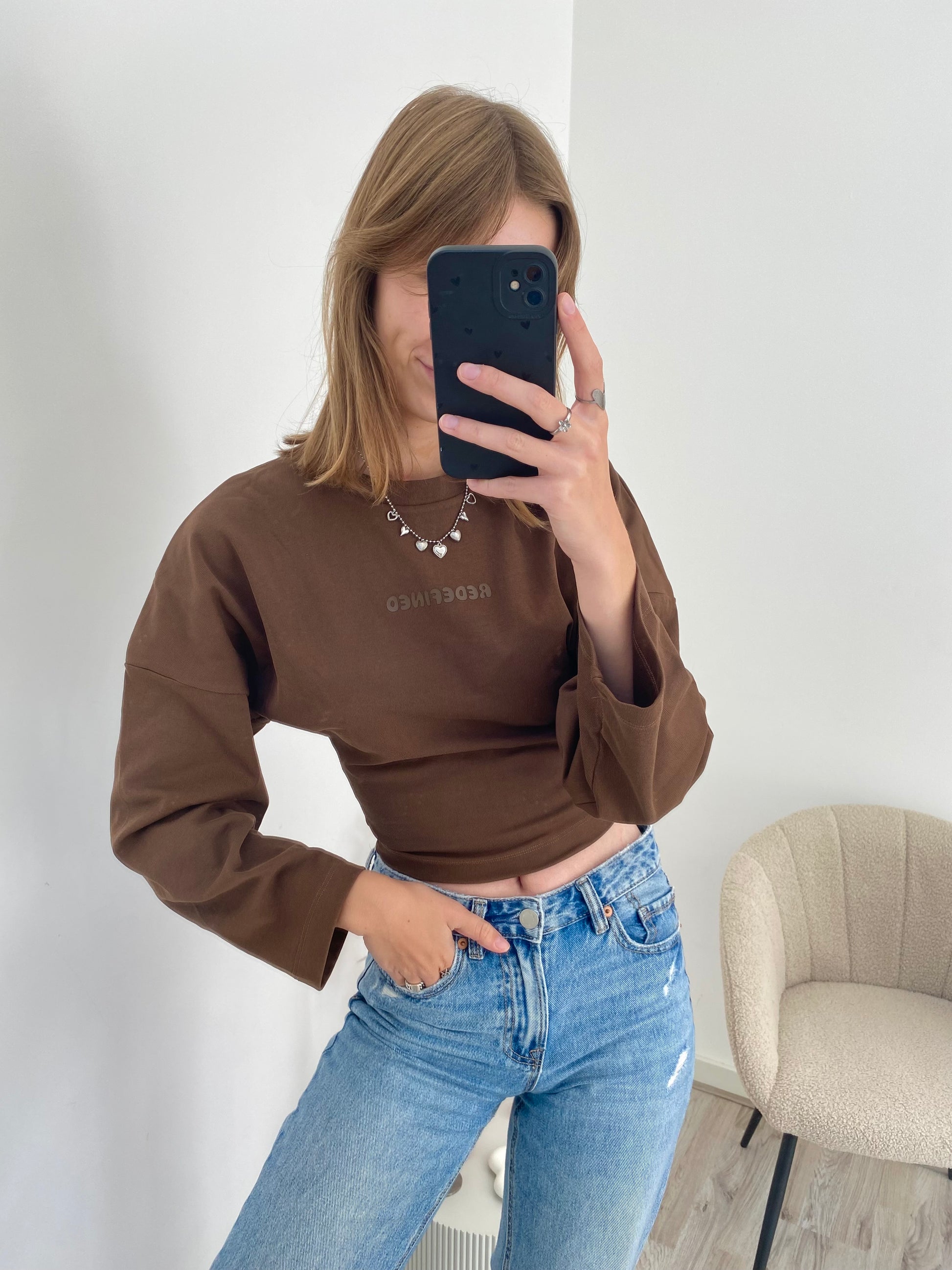 Shirt met lange mouw en strakke taille in bruin