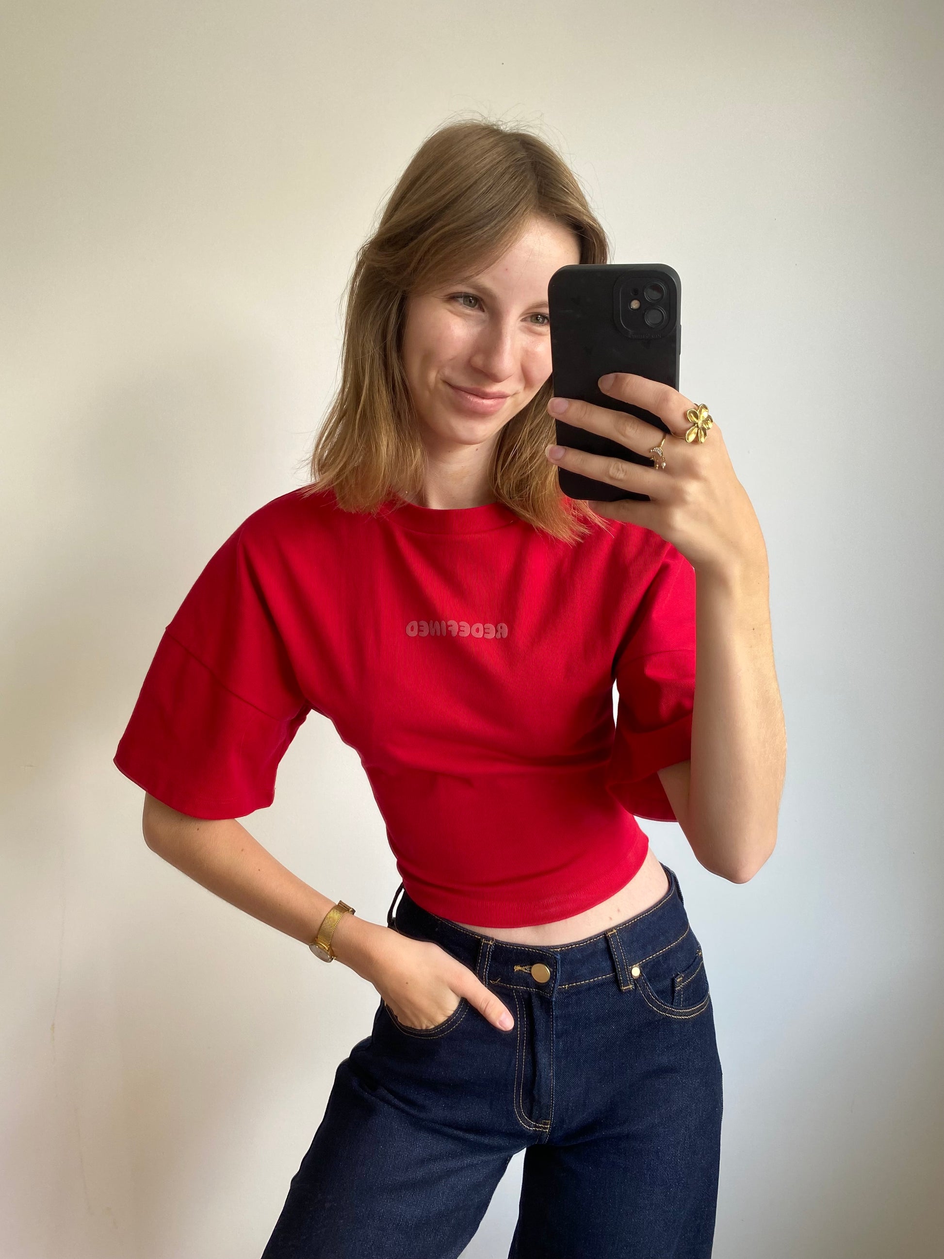 Redefined snatched tee met strakke taille in korte mouw rode kleur
