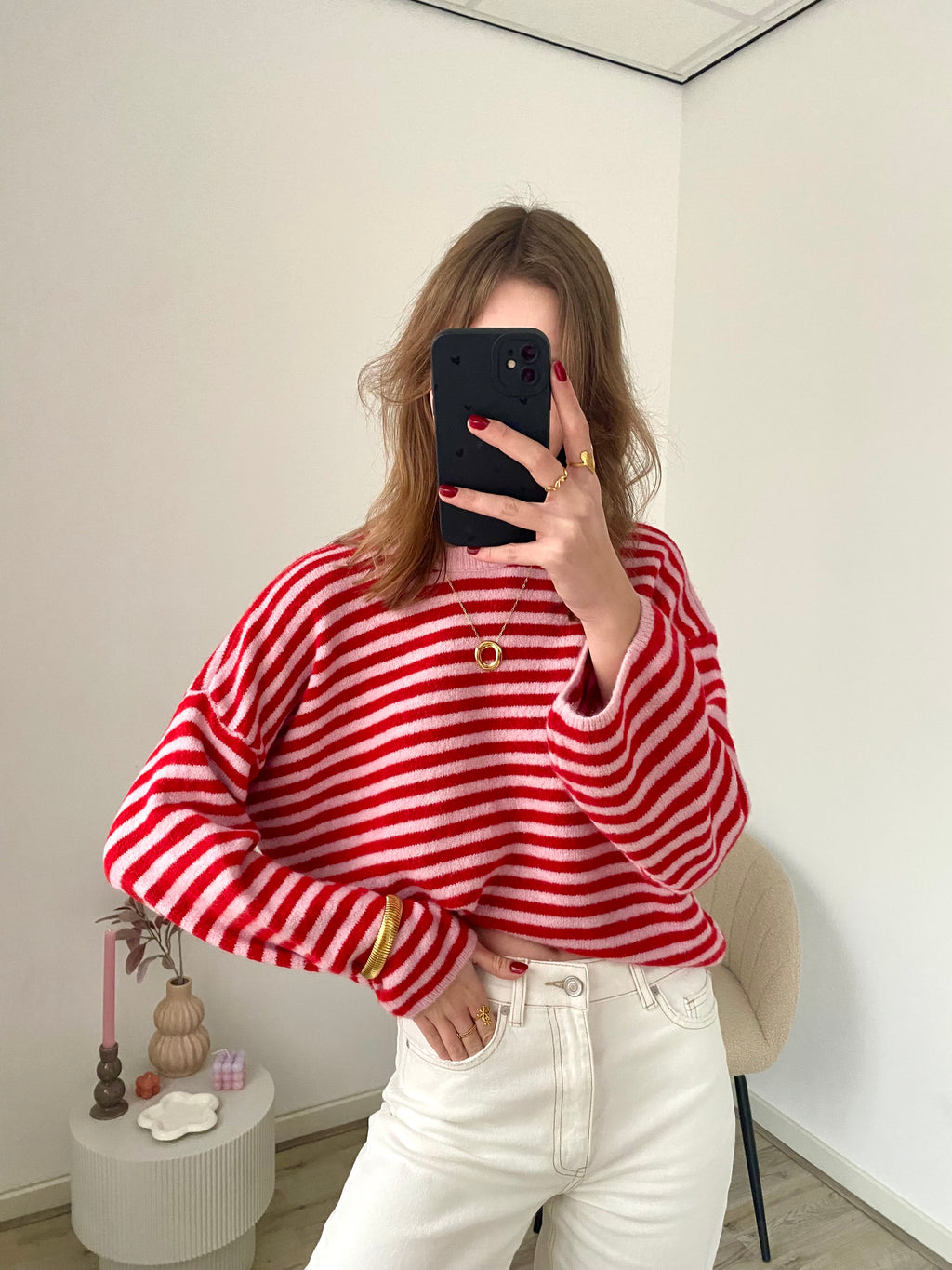 Oversized sweater met strepen in rood en roze
