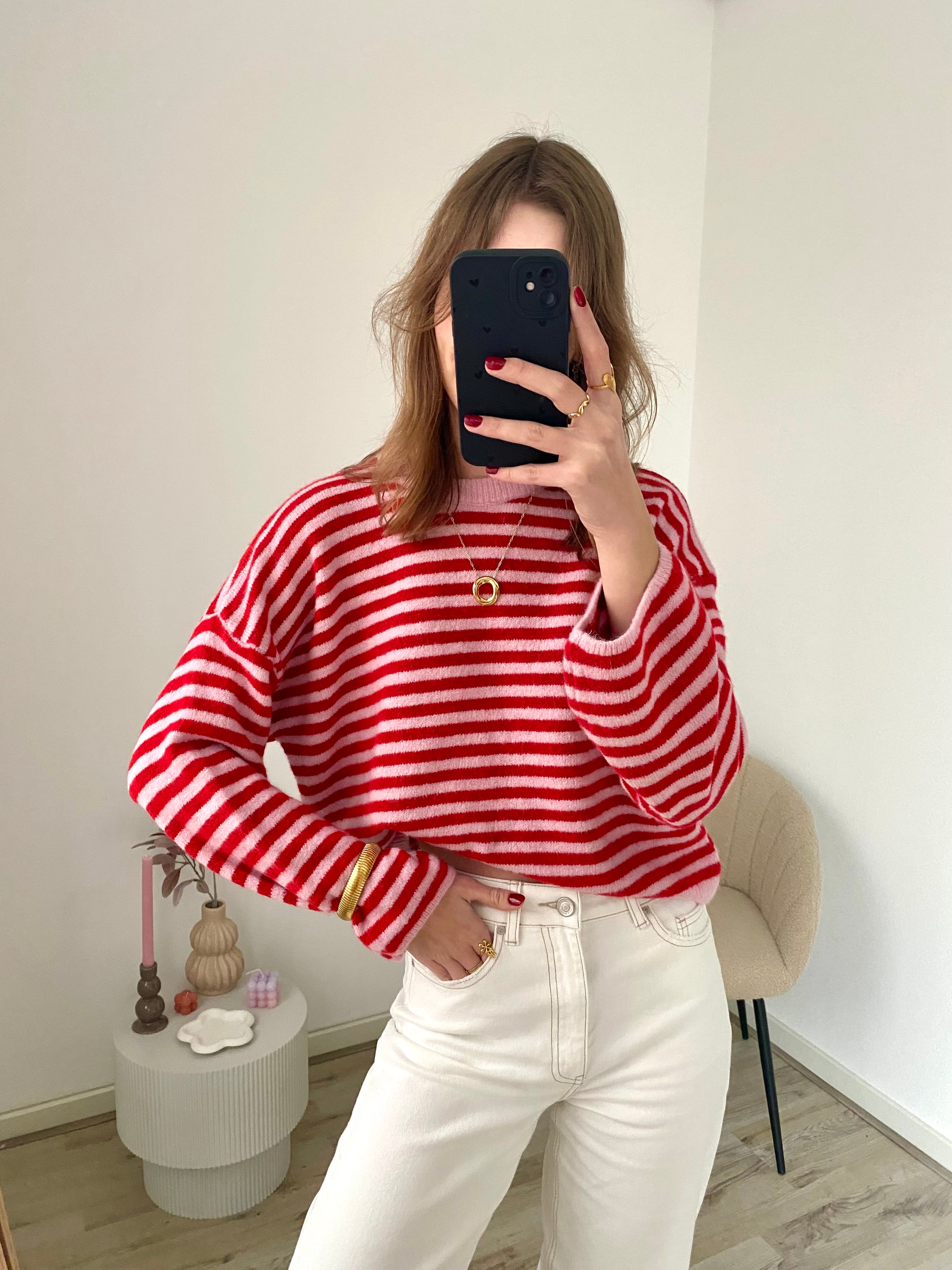 Oversized sweater met strepen in roze en rood
