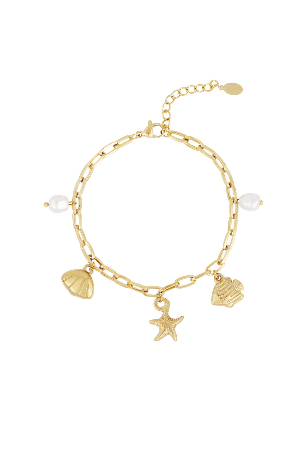 Bedelarmband met schelpen, vissen en parels goud