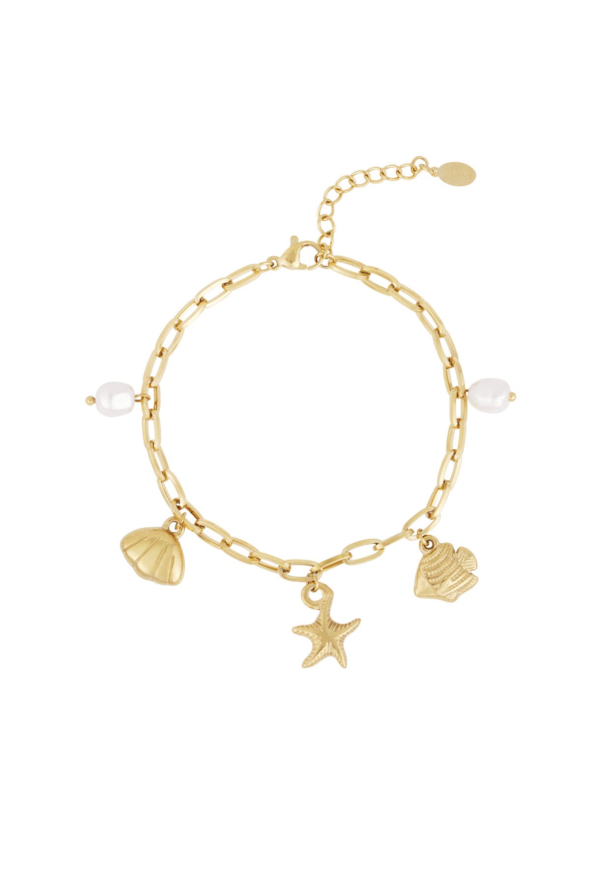 Bedelarmband met schelpen, vissen en parels goud