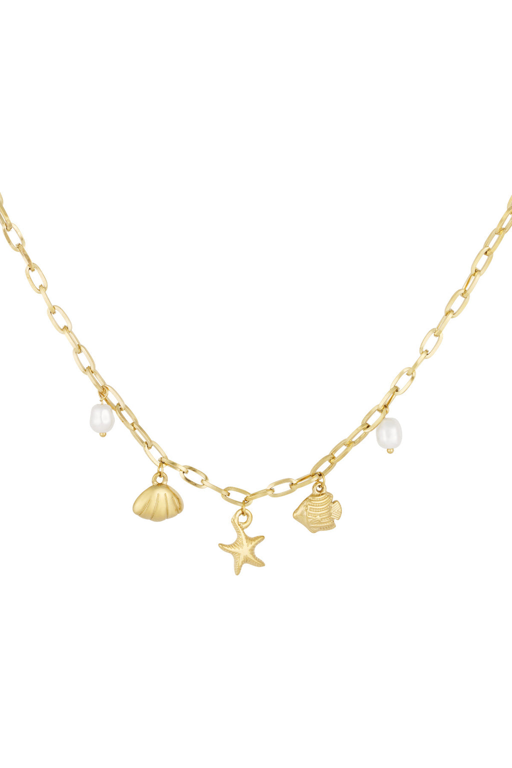 Bedelketting met bedels van schelpen, visjes en parels goud