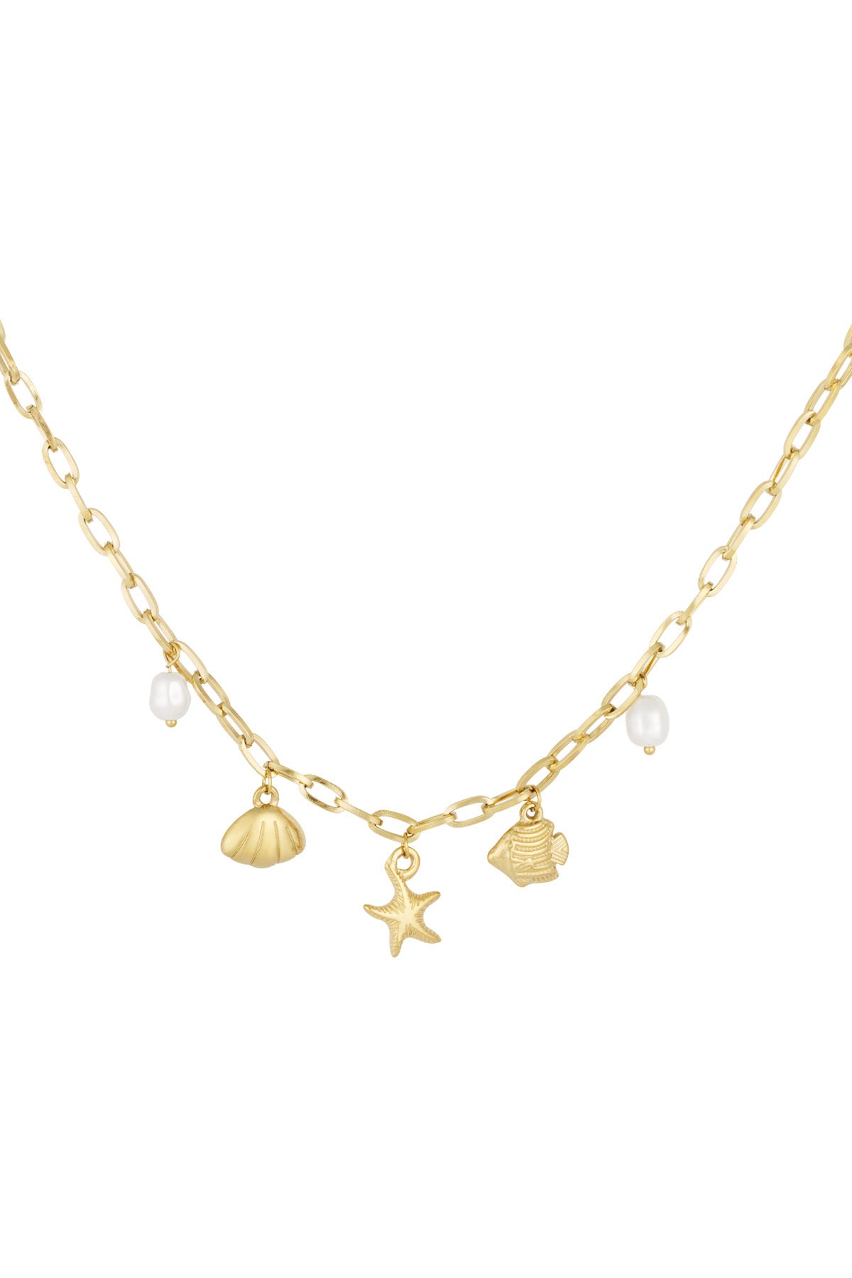 Bedelketting met bedels van schelpen, visjes en parels goud