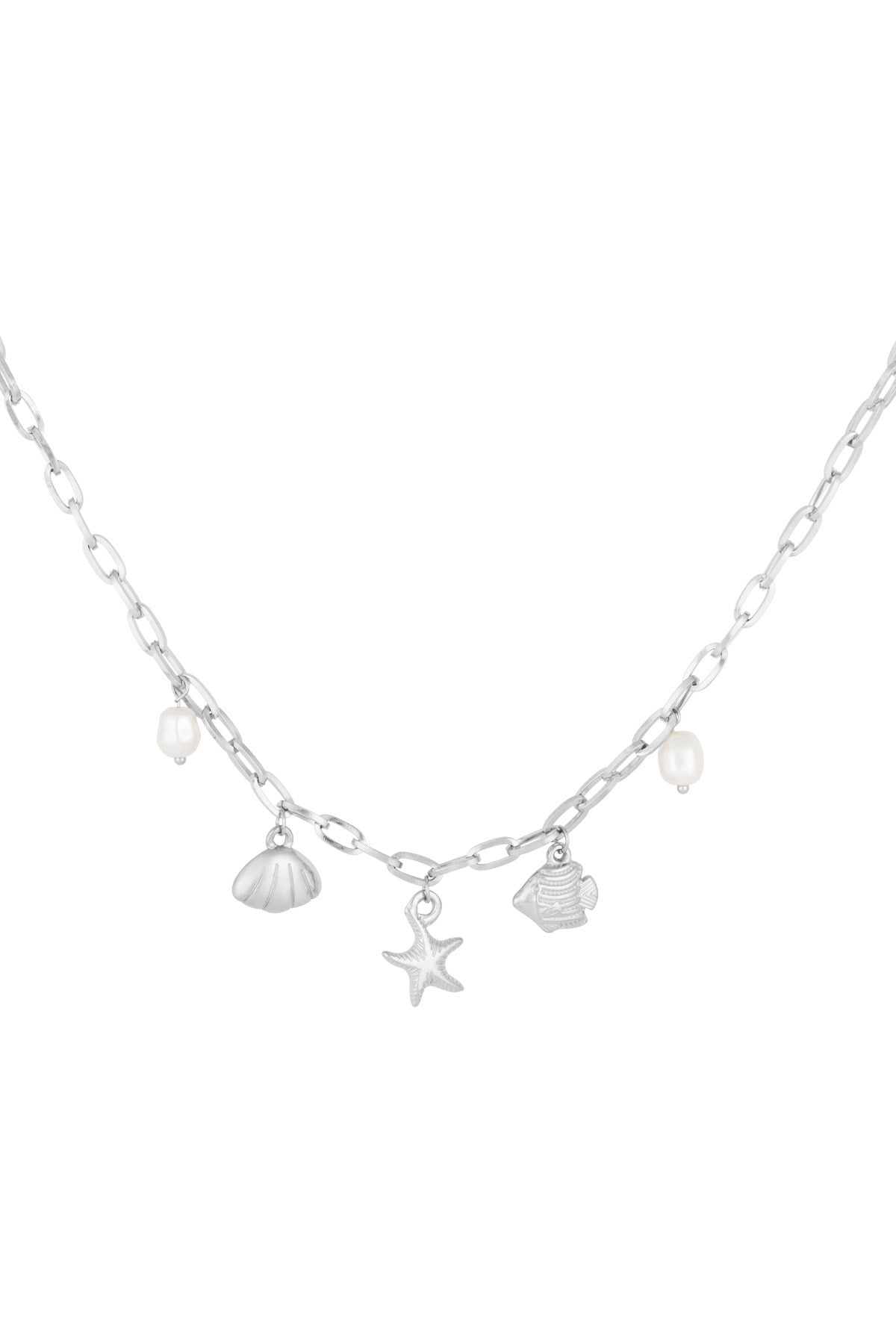 Bedelketting met bedels van schelpen, visjes en parels zilver