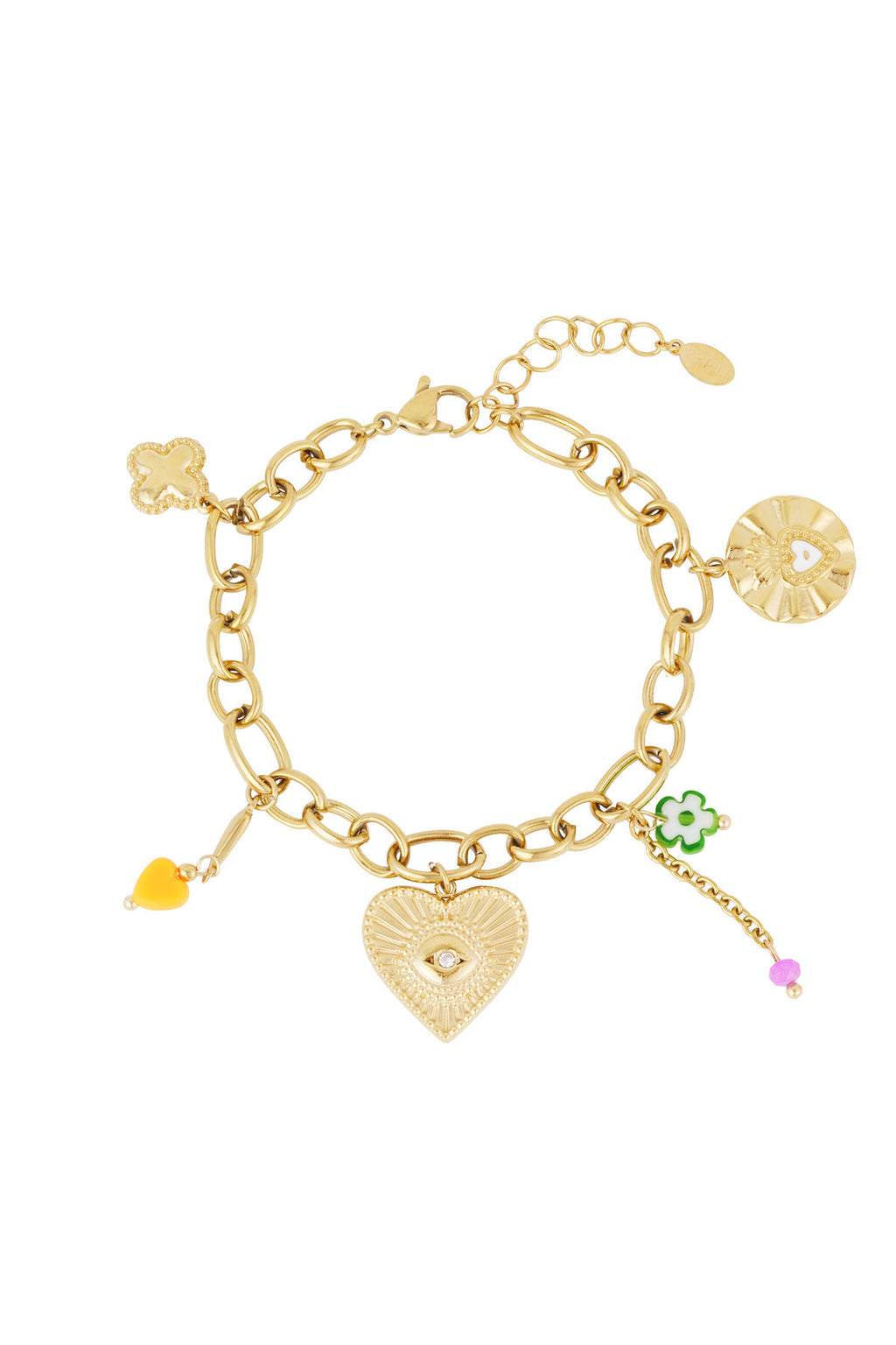 Bedelarmband met grove schakels en bedels van hartje, klaver en kralen goud