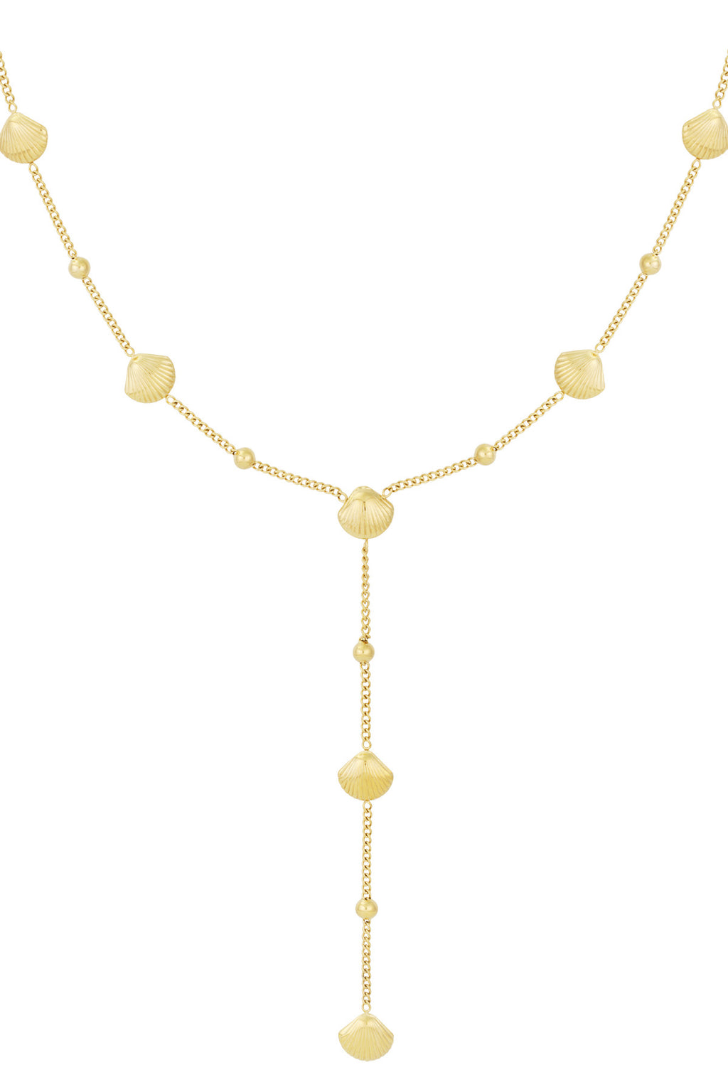 Lange ketting met schelpen bedels in het goud