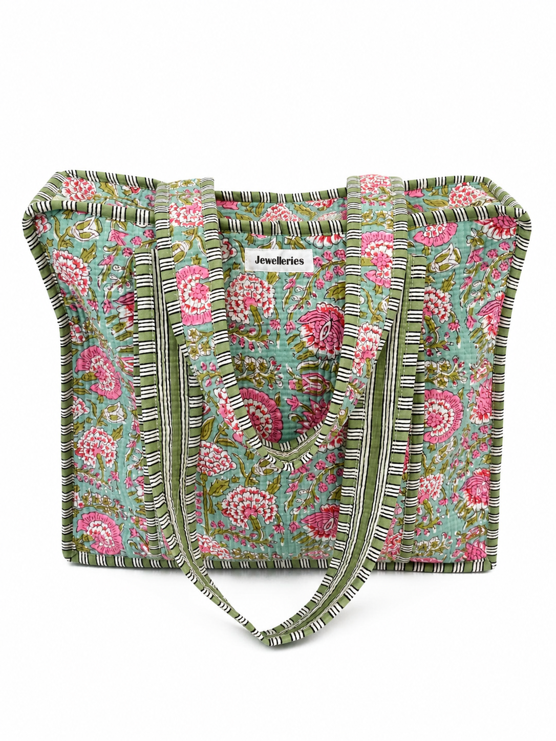 Handgemaakte indiaanse shopper tote bag tas in een vrolijke bloemen print met groen en roze en met lang hengsel en ritssluiting