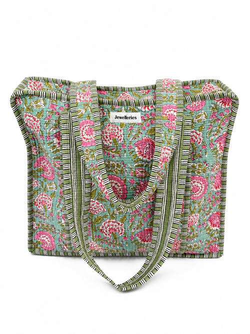 Handgemaakte indiaanse shopper tote bag tas in een vrolijke bloemen print met groen en roze en met lang hengsel en ritssluiting